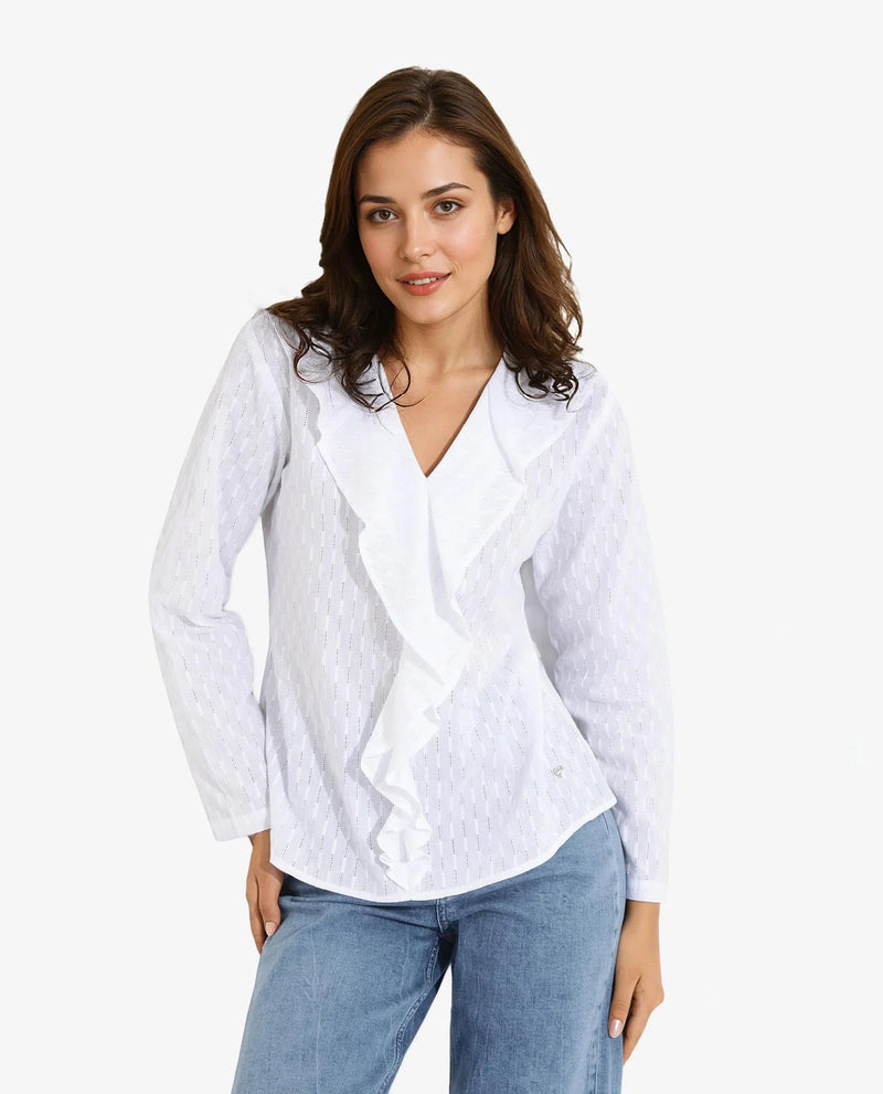 Rareism Women Bowez White Full Sleeve Ruffled Neck Plain Top