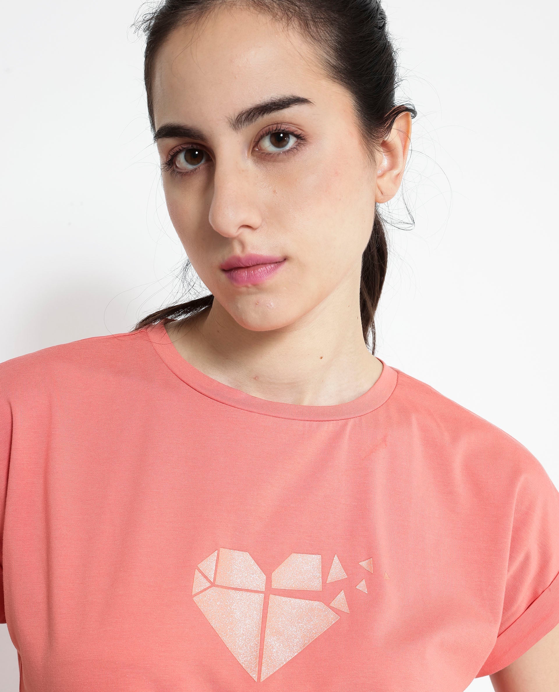 Rareism Women's Brahe Light Orange Cotton Crew Neck Graphic Print Boxy Fit T-Shirt