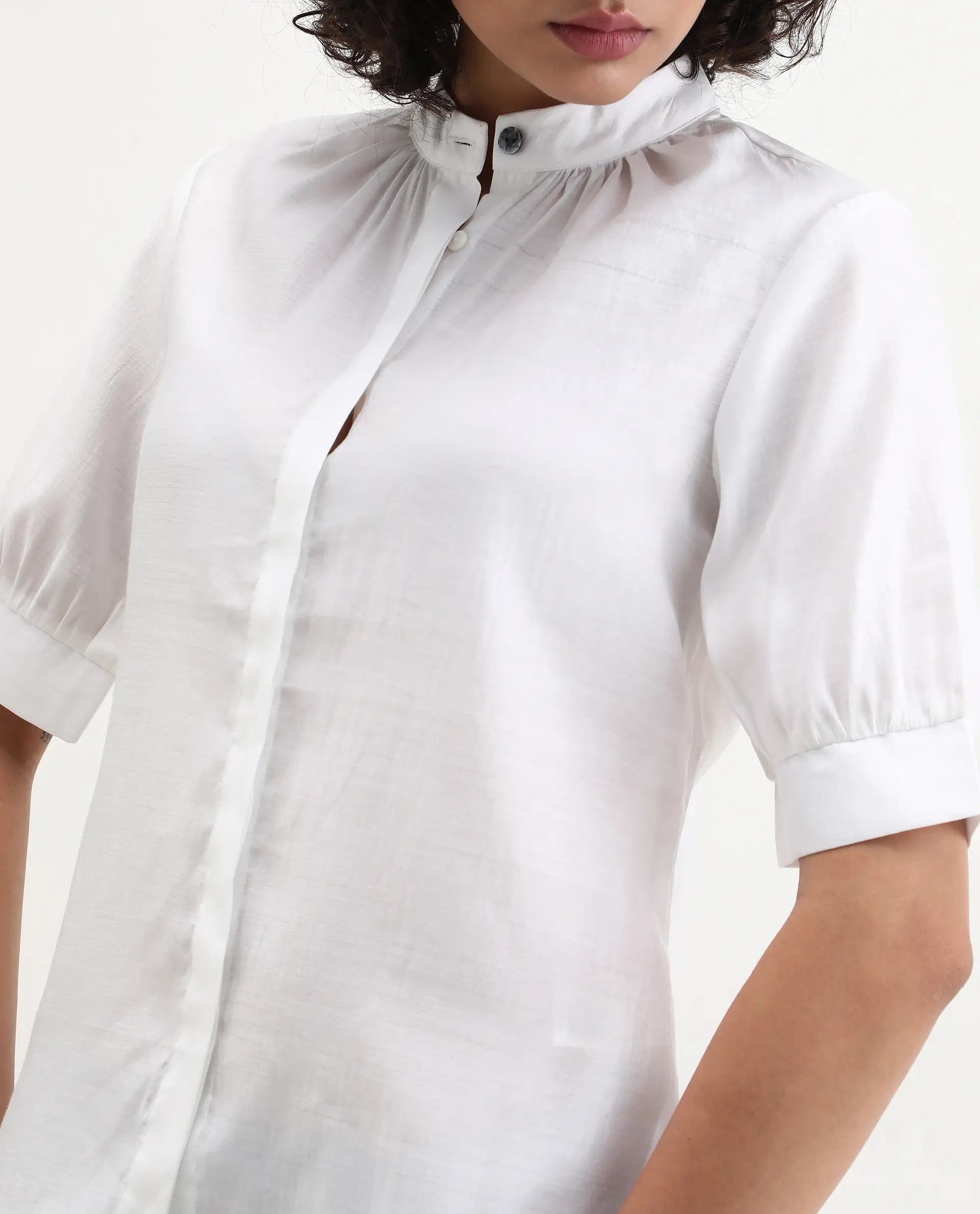 Rareism Women's Breen White Polyester Mandarin Collar Plain Bishop Sleeve Regular Fit Top