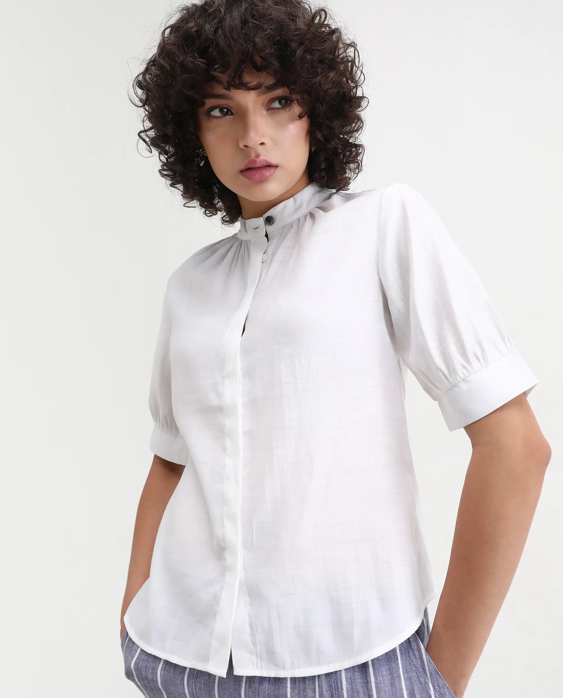 Rareism Women's Breen White Polyester Mandarin Collar Plain Bishop Sleeve Regular Fit Top