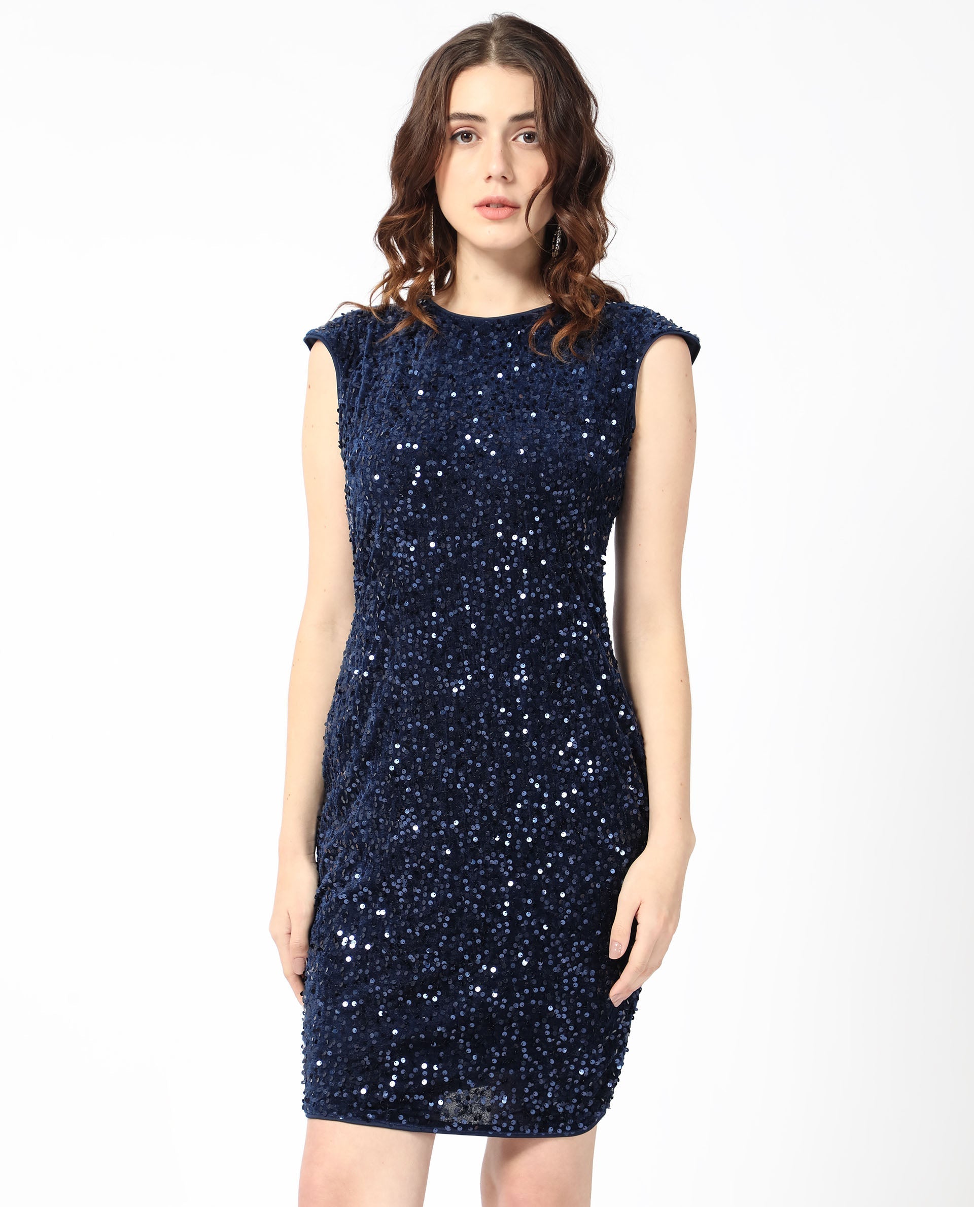Rareism Women Briar Sheen Blue Round Neck Sleeveless Sequin Bodycon Party Mini Dress
