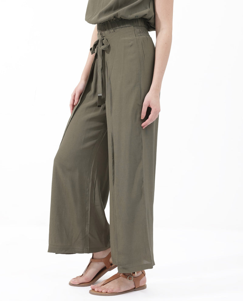 Rareism Women Brodie-B Olive Rayon Fabric Regular Length Trouser