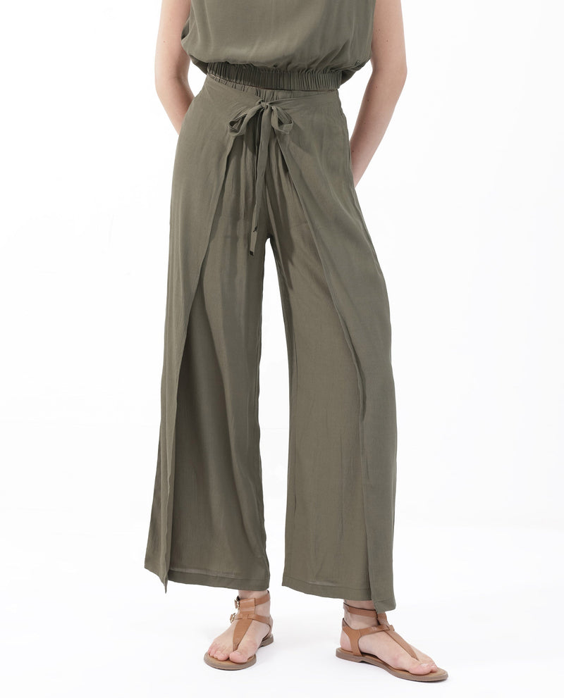 Rareism Women Brodie-B Olive Rayon Fabric Regular Length Trouser