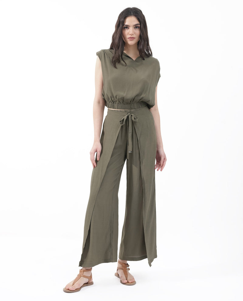 Rareism Women Brodie-B Olive Rayon Fabric Regular Length Trouser