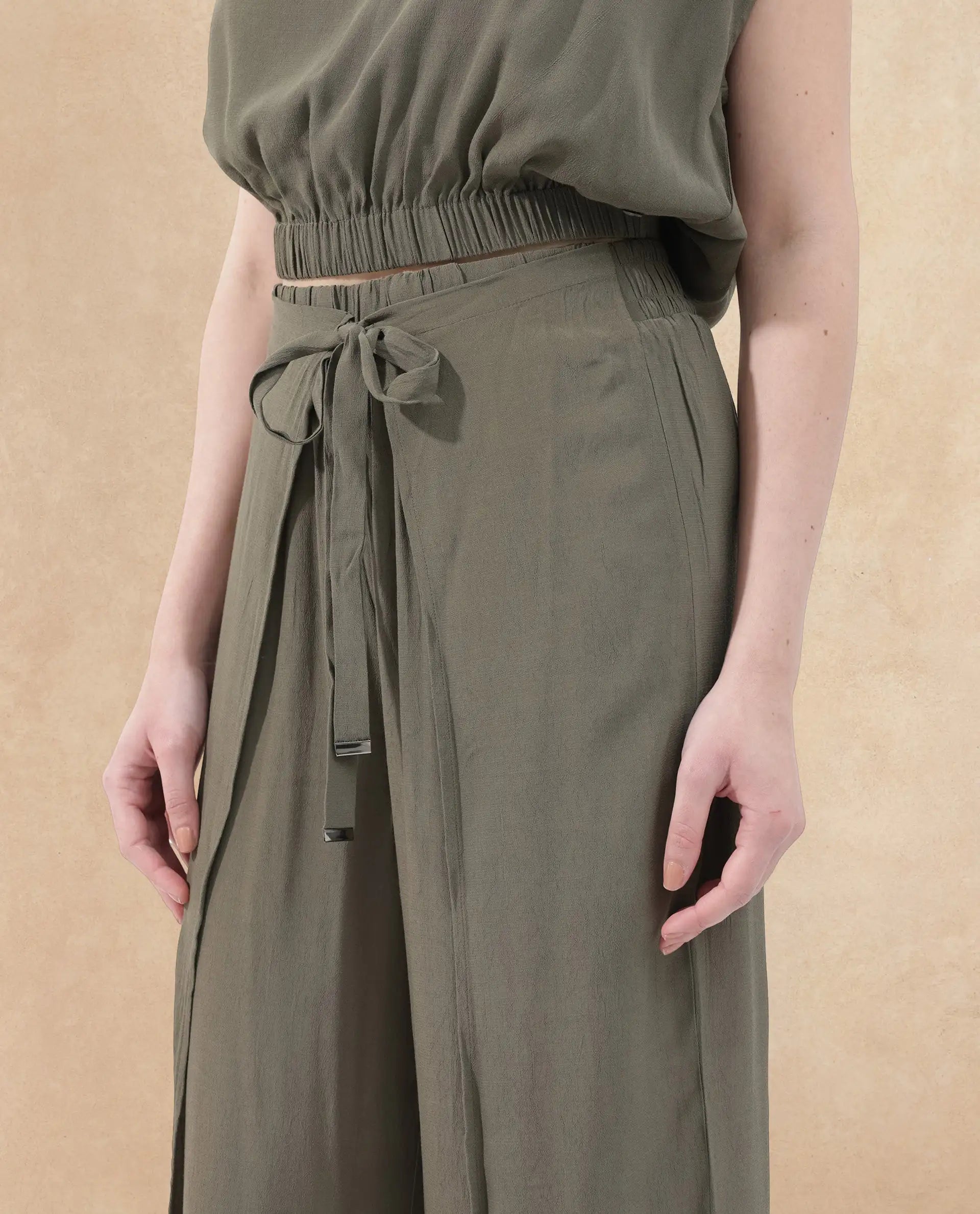 Rareism Women Brodie-B Olive Rayon Fabric Regular Length Trouser