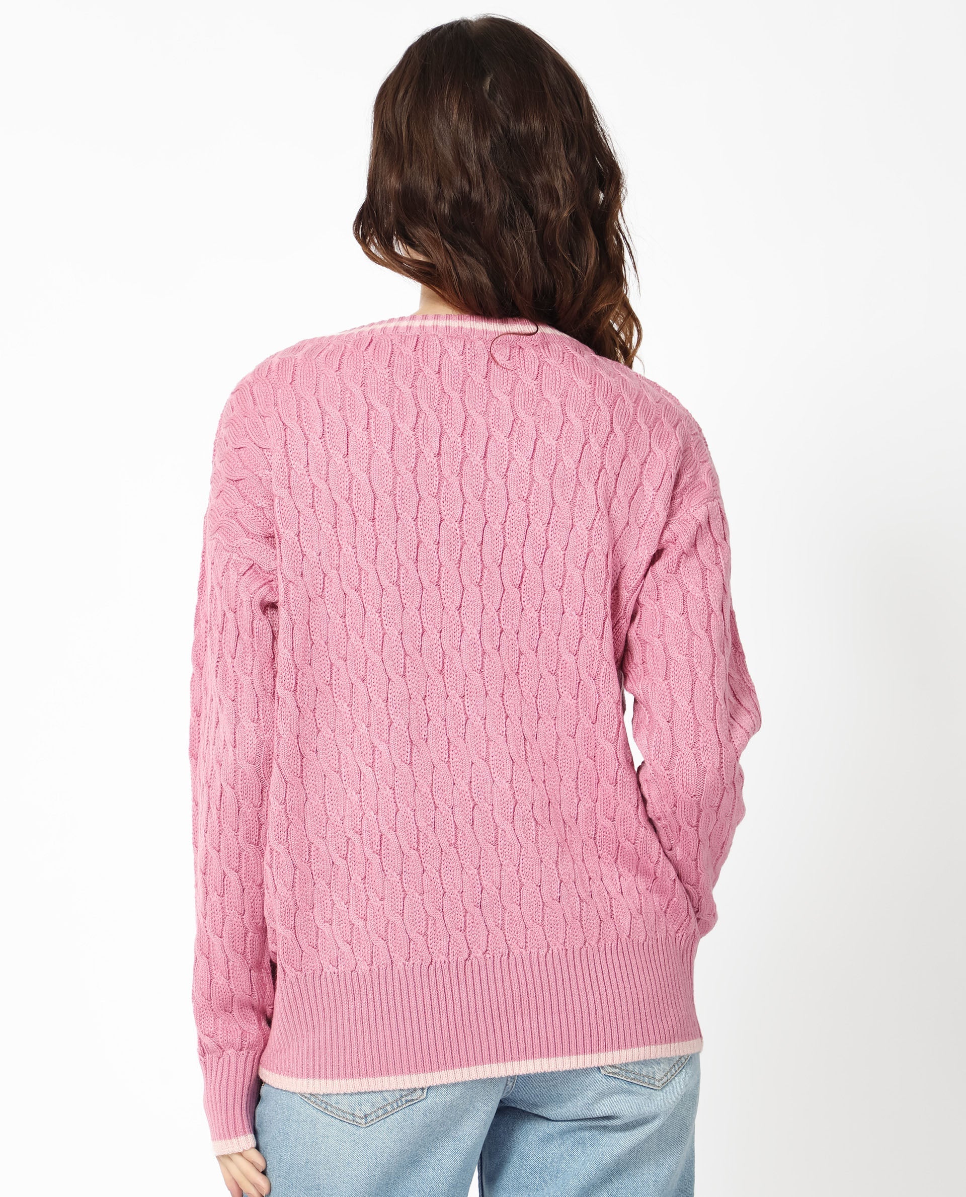 Rareism Women Broun Dusky Pink Acrylic Fabric Full Sleeves V-Neck Relaxed Fit Plain Sweater