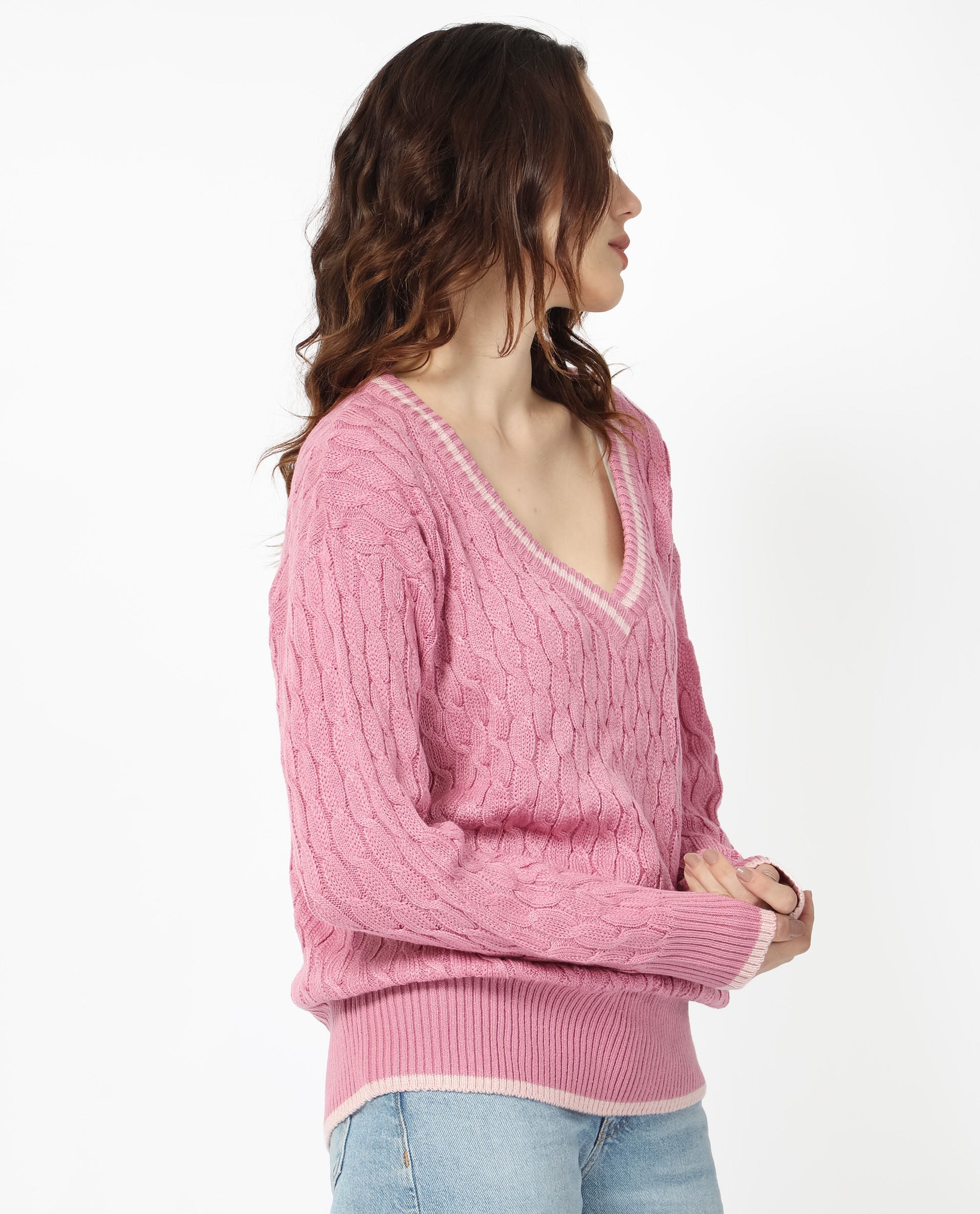 Rareism Women's Broun Dusky Pink Acrylic V-Neck Plain Relaxed Fit Sweater