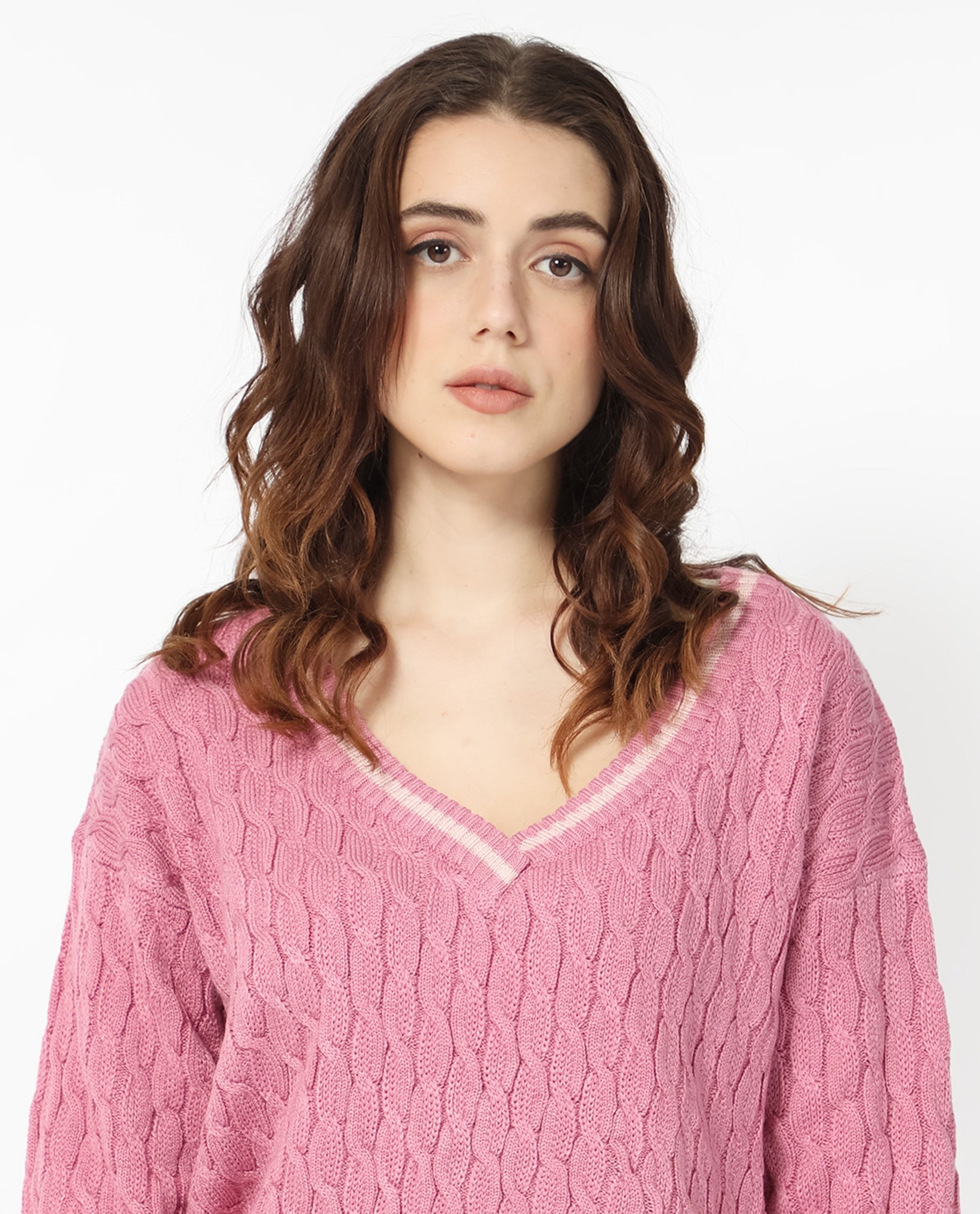 Rareism Women's Broun Dusky Pink Acrylic V-Neck Plain Relaxed Fit Sweater