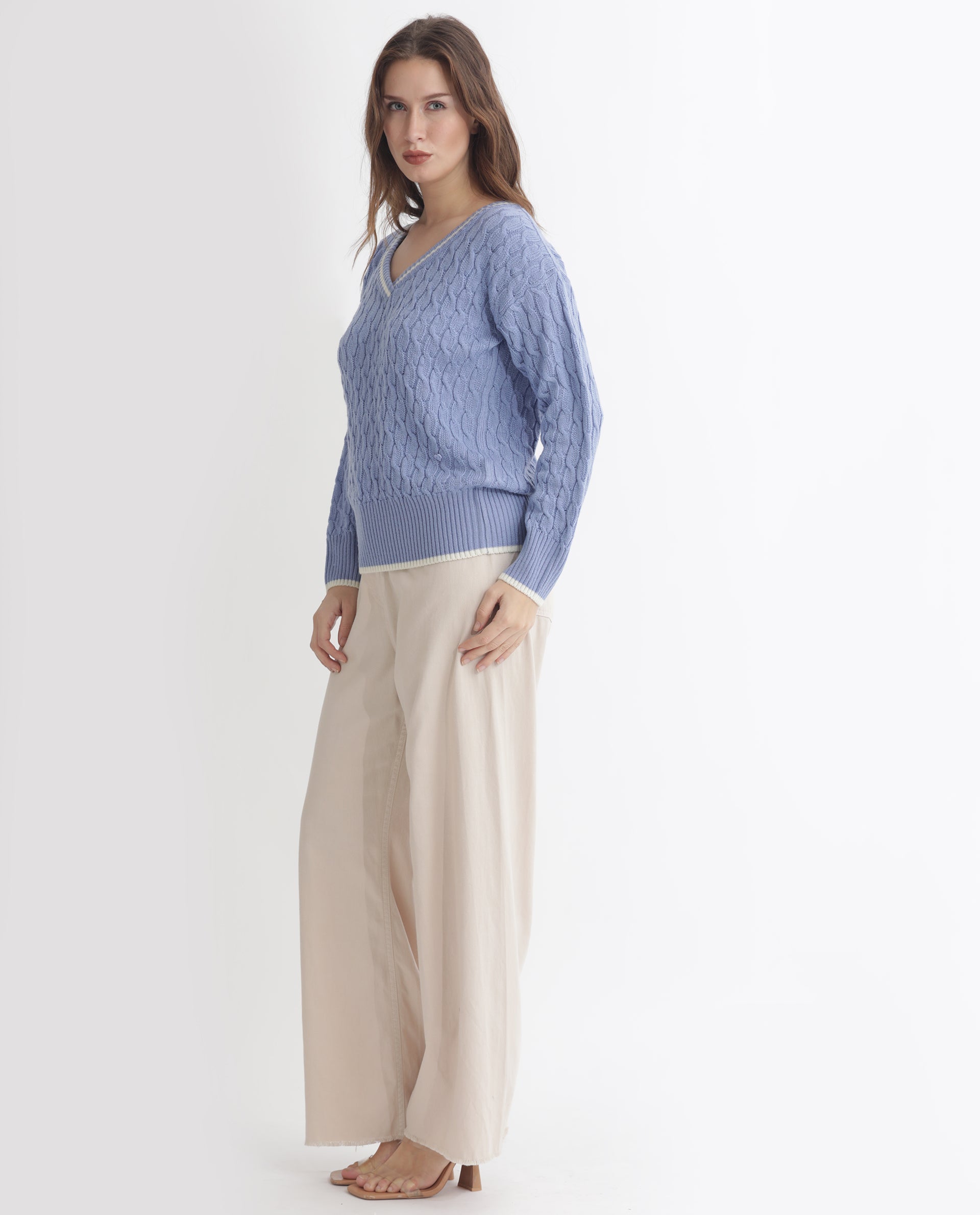 Rareism Women's Broun Light Blue Acrylic V-Neck Plain Relaxed Fit Sweater