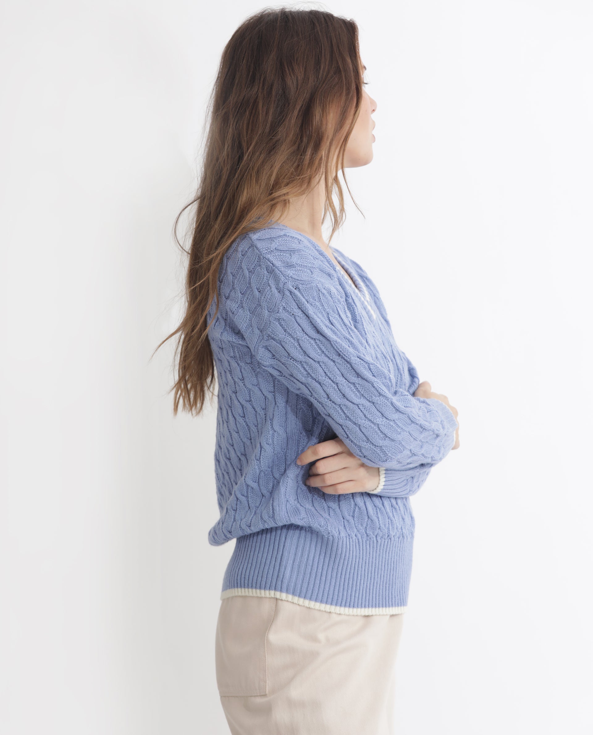 Rareism Women's Broun Light Blue Acrylic V-Neck Plain Relaxed Fit Sweater