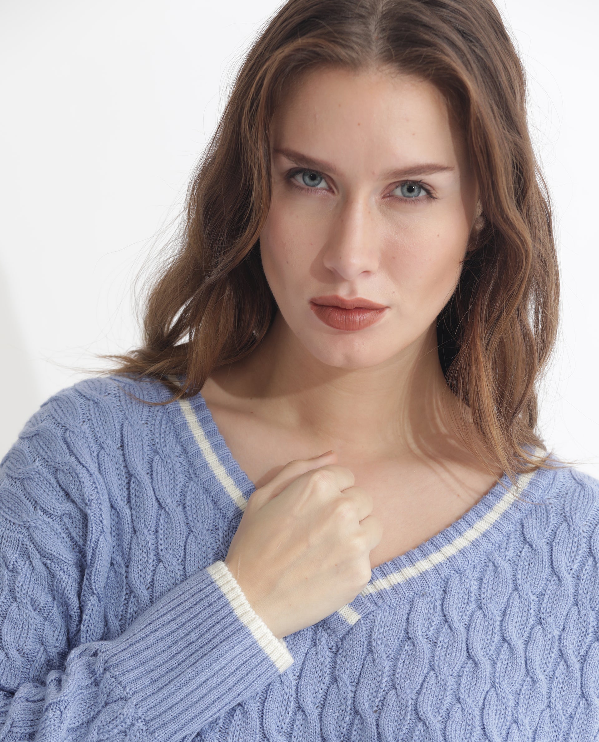 Rareism Women's Broun Light Blue Acrylic V-Neck Plain Relaxed Fit Sweater