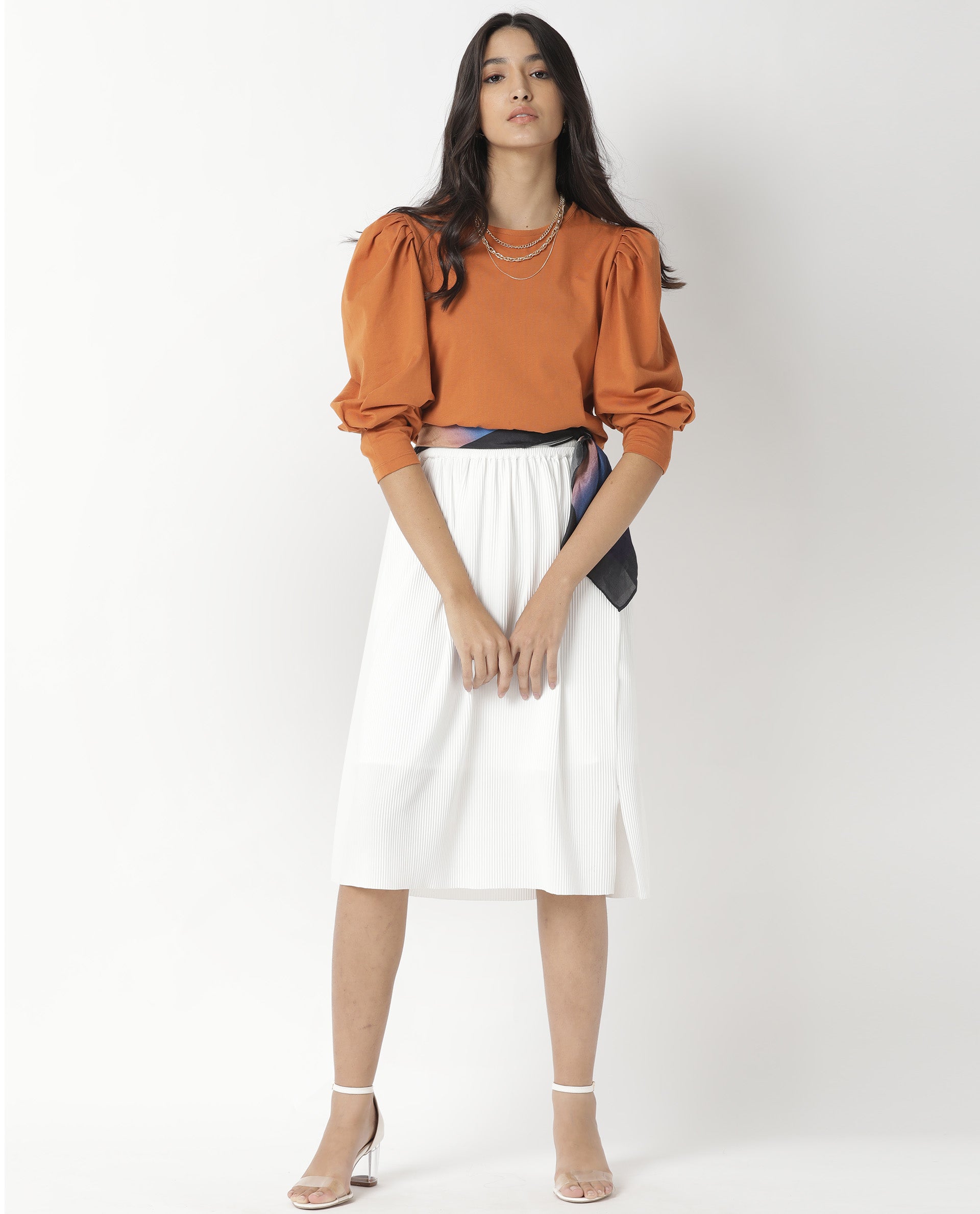 Rareism Womens Browse White Skirt Pleated Mid Length Back Slit