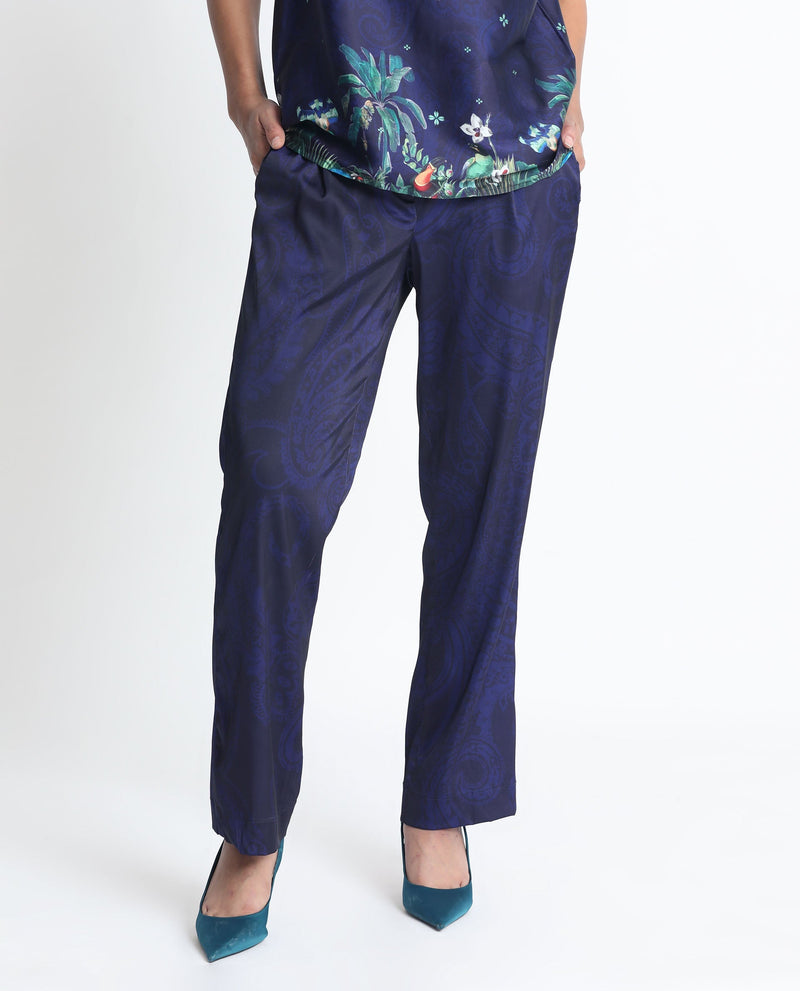 Rareism Women Braun Navy Polyester Fabric Tailored Fit Abstract Print Ankle Length Trousers