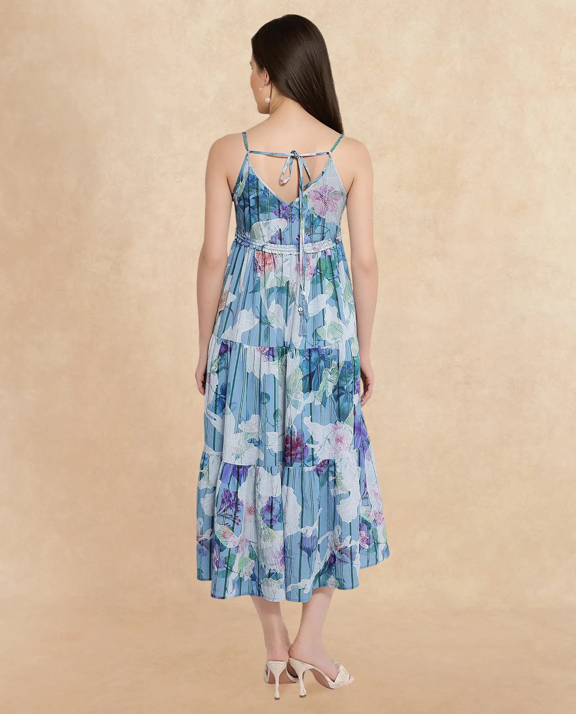 Rareism Women's Btewart Blue Nylon Blend Shoulder Strap Floral Print Shoulder Strap Midi Fit And Flare Dress