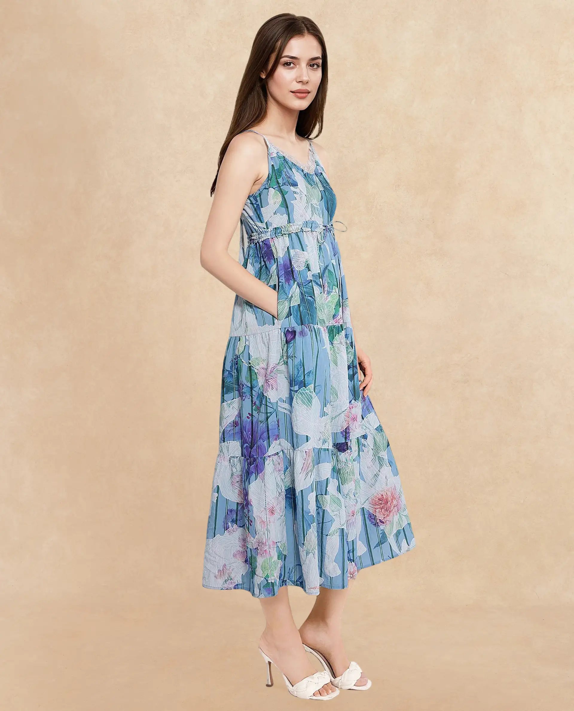 Rareism Women's Btewart Blue Nylon Blend Shoulder Strap Floral Print Shoulder Strap Midi Fit And Flare Dress