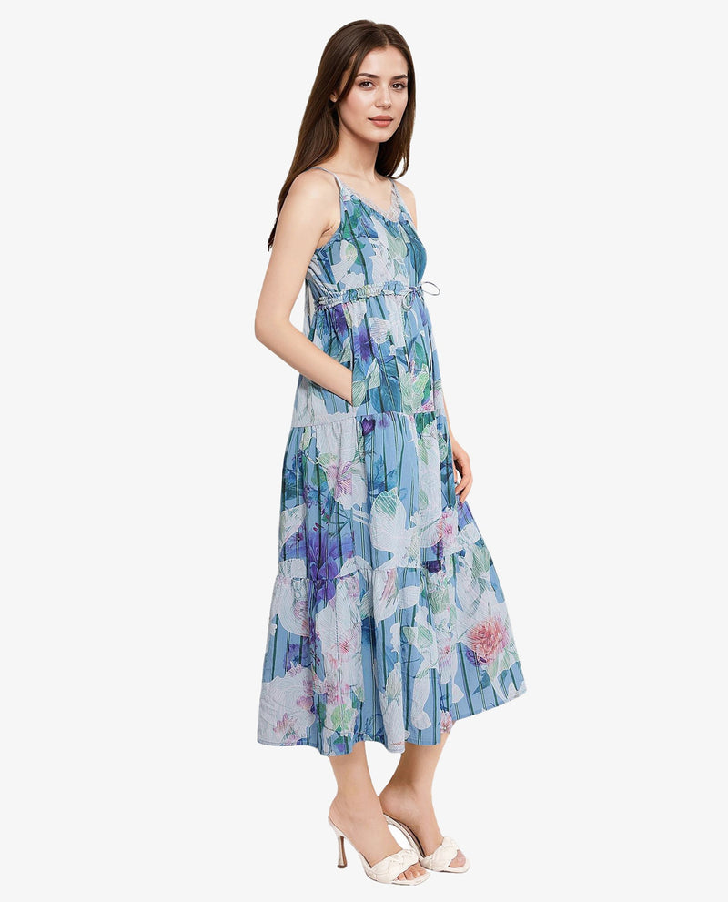 Rareism Women Btewart Blue Shoulder Straps Shoulder Straps Zipper Closure Fit And Flare Floral Print Midi Dress