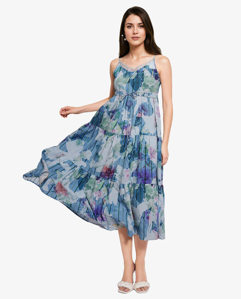 Rareism Women Btewart Blue Shoulder Straps Shoulder Straps Zipper Closure Fit And Flare Floral Print Midi Dress