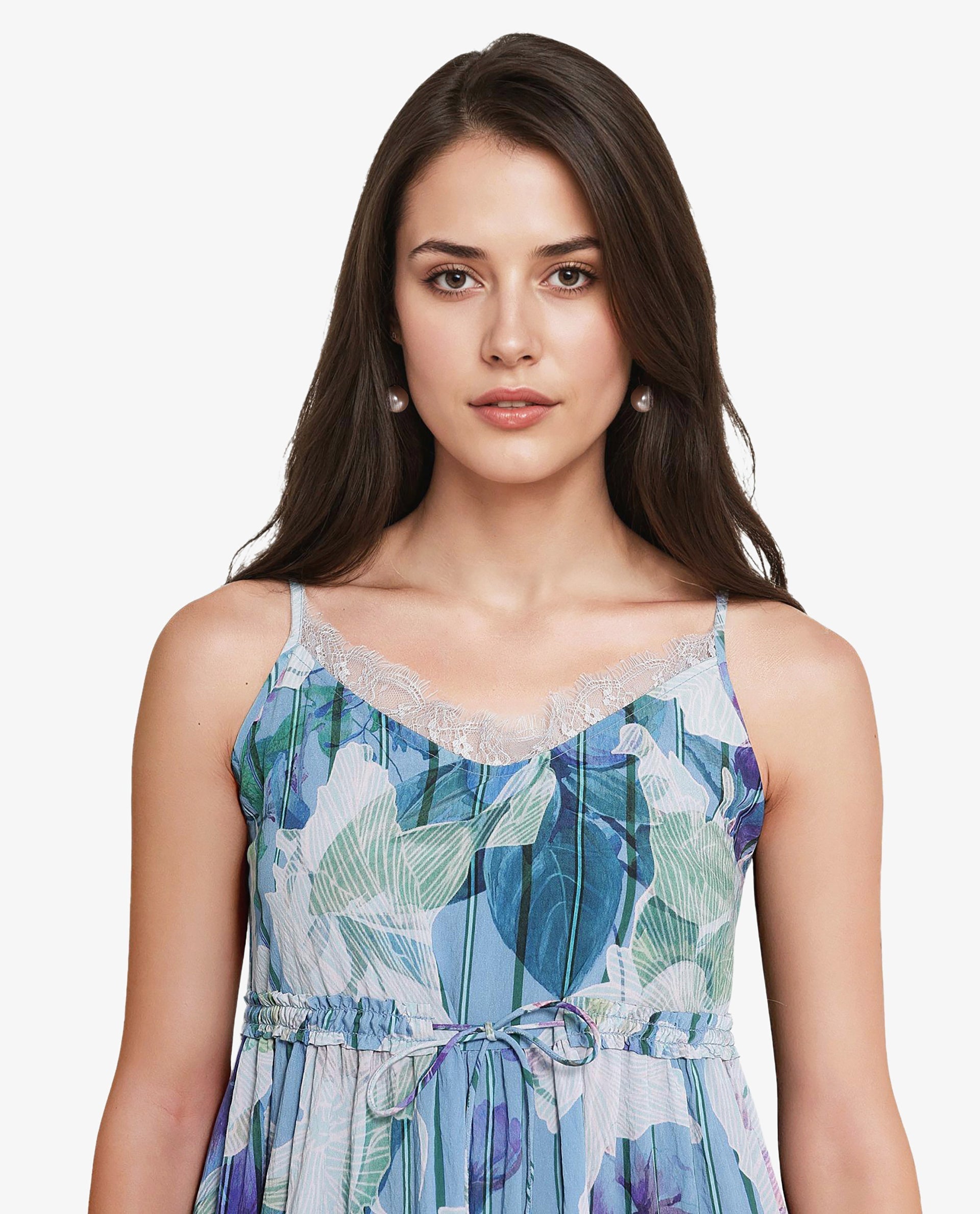 Rareism Women Btewart Blue Shoulder Straps Shoulder Straps Zipper Closure Fit And Flare Floral Print Midi Dress