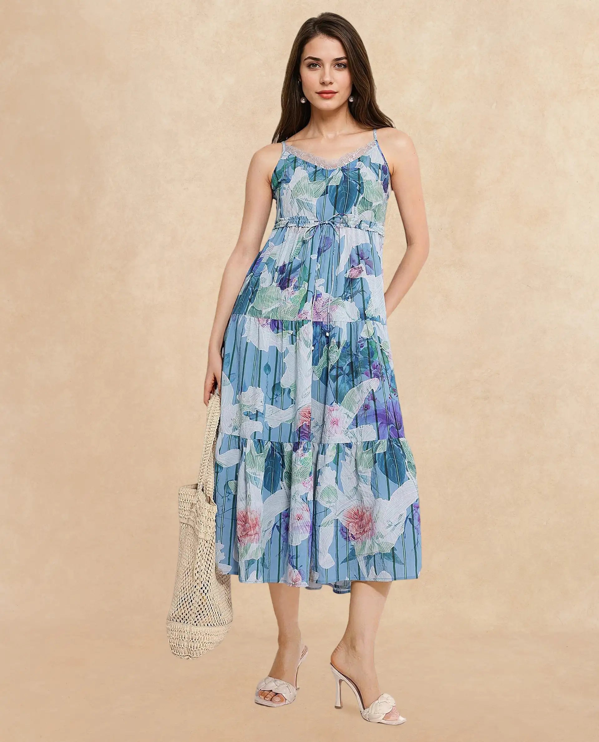 Rareism Women's Btewart Blue Nylon Blend Shoulder Strap Floral Print Shoulder Strap Midi Fit And Flare Dress