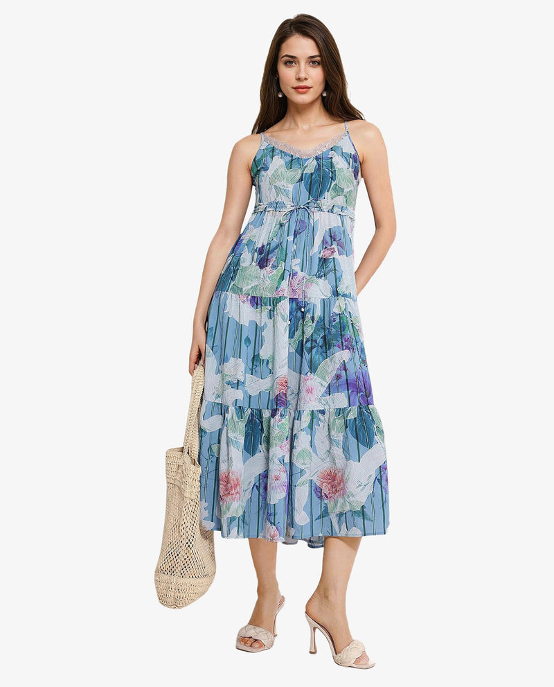 Rareism Women Btewart Blue Shoulder Straps Shoulder Straps Zipper Closure Fit And Flare Floral Print Midi Dress