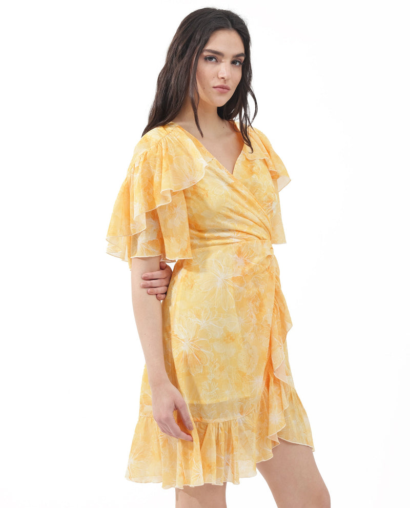 Rareism Women Buckley Yellow Polyester Fabric Regular Sleeves V-Neck Floral Print Regular Length Dress