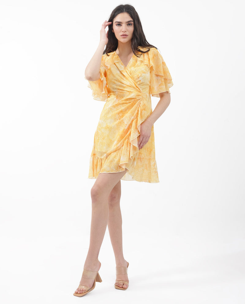 Rareism Women Buckley Yellow Polyester Fabric Regular Sleeves V-Neck Floral Print Regular Length Dress