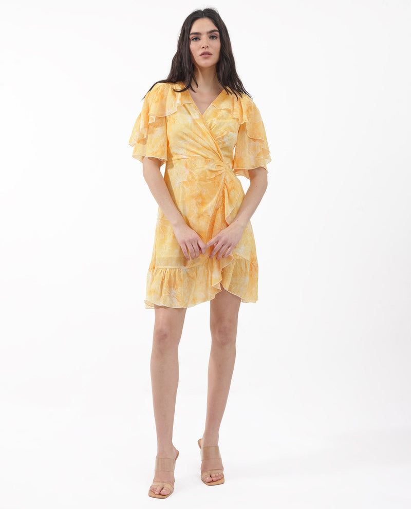 Rareism Women Buckley Yellow Polyester Fabric Regular Sleeves V-Neck Floral Print Regular Length Dress