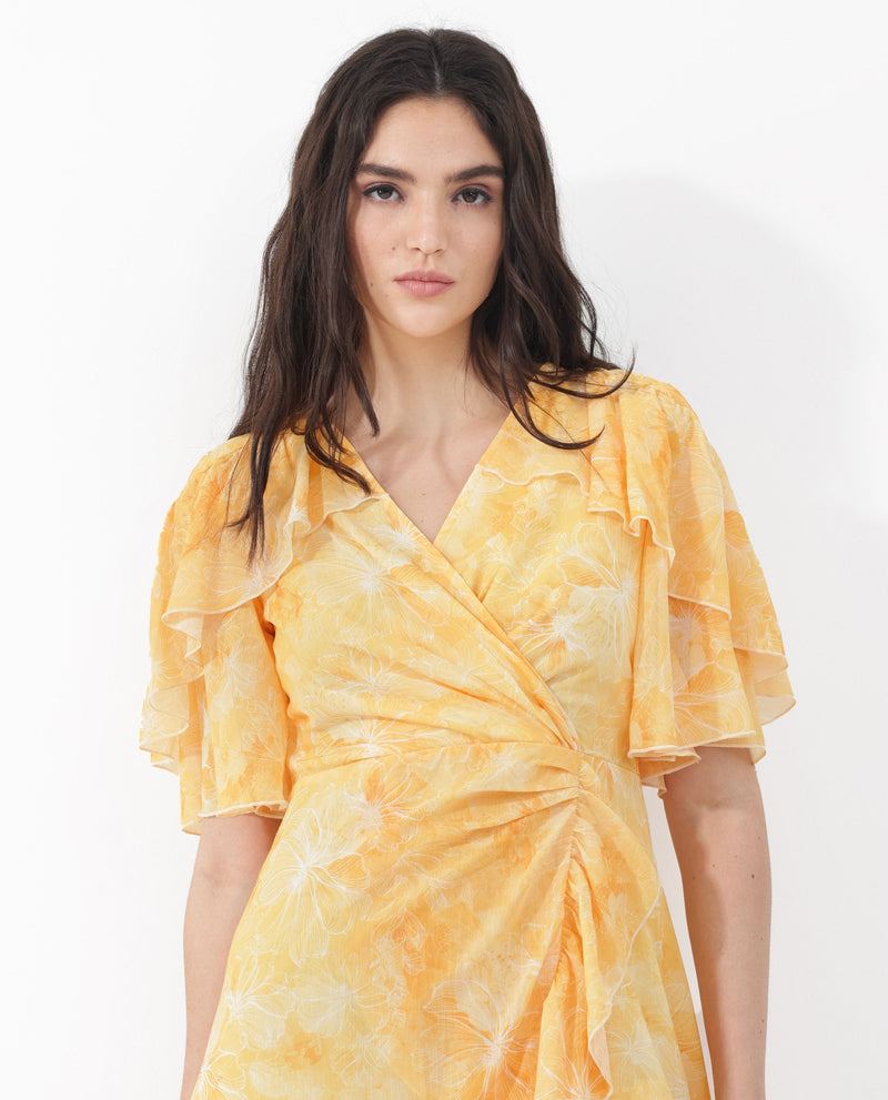 Rareism Women Buckley Yellow Polyester Fabric Regular Sleeves V-Neck Floral Print Regular Length Dress