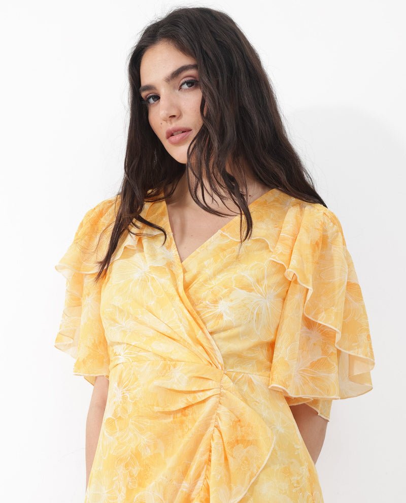 Rareism Women Buckley Yellow Polyester Fabric Regular Sleeves V-Neck Floral Print Regular Length Dress