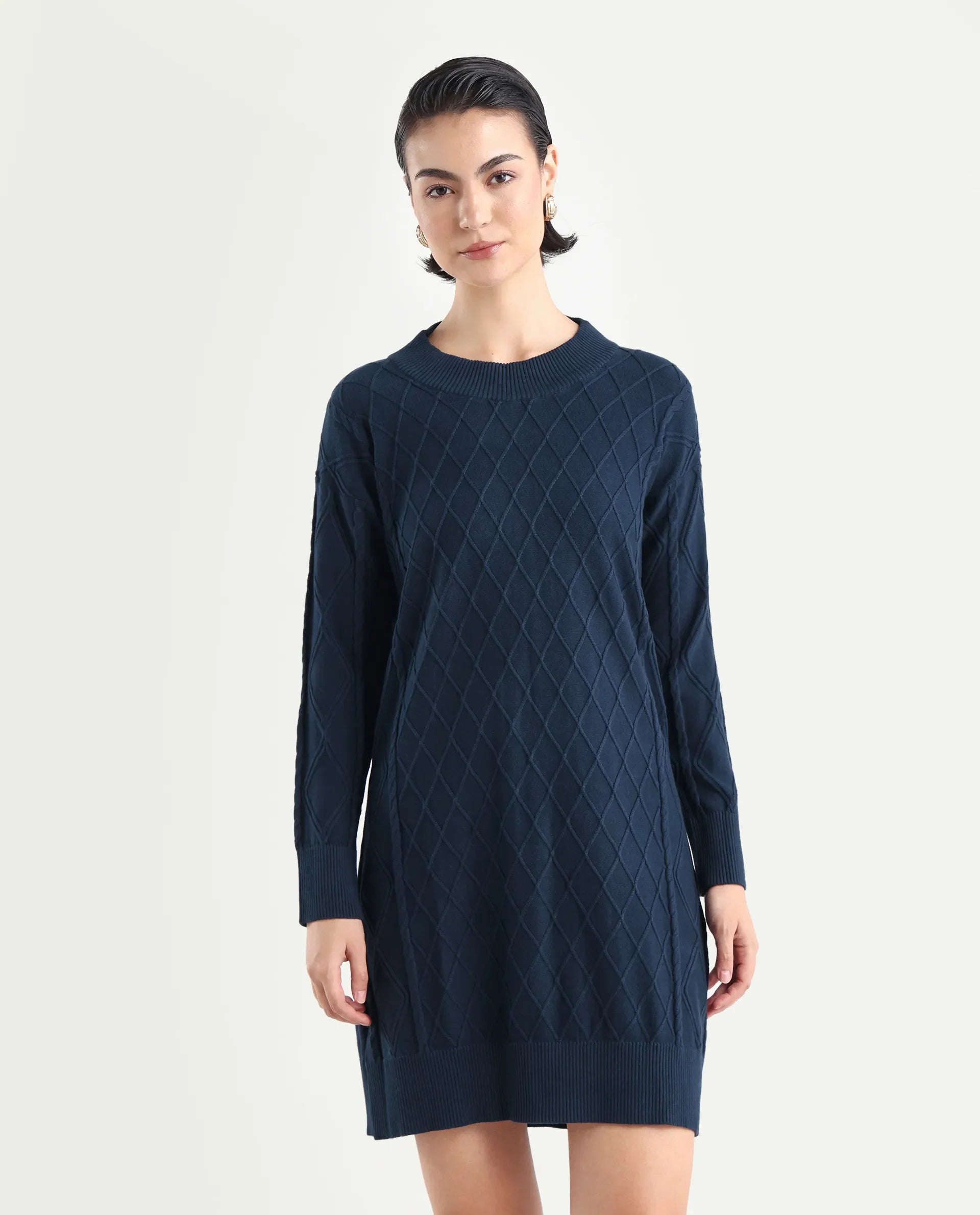 Rareism Women's Budd Navy Cotton Crew Neck Plain Knee Length Regular Fit Sweater