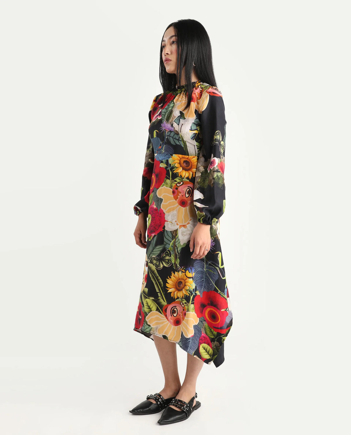 Rareism Women's Bufuz Black Silk Half Sleeve Flared Abstract Print Dress