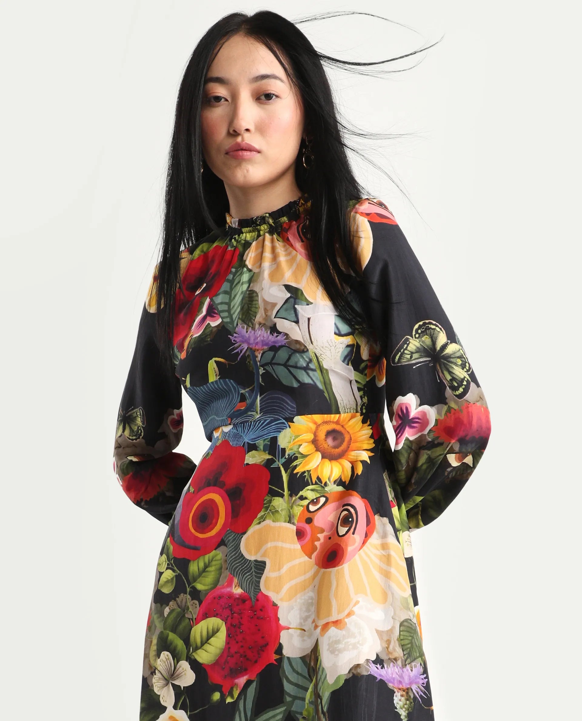 Rareism Women's Bufuz Black Silk Half Sleeve Flared Abstract Print Dress