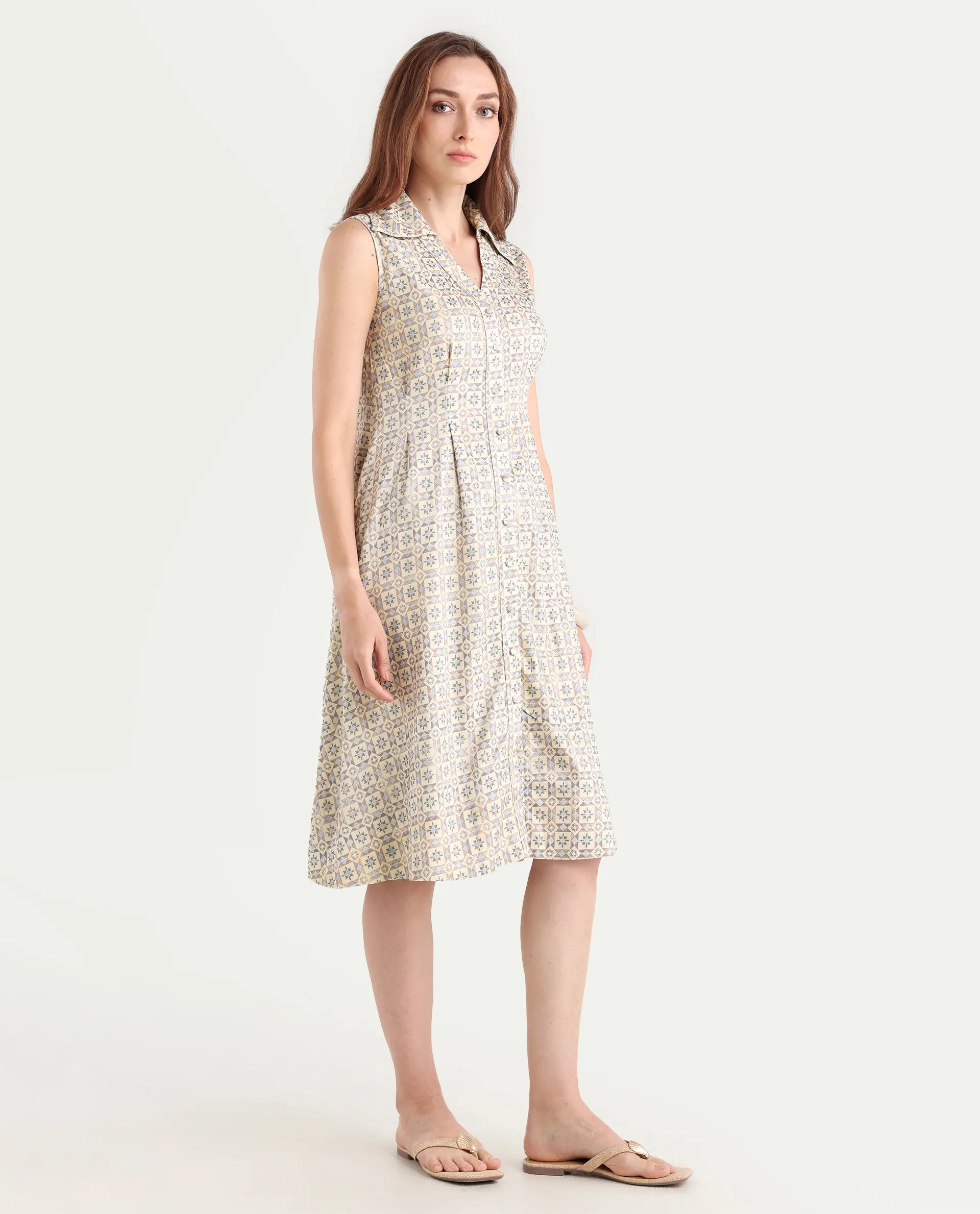 Rareism Women's Bujum Multi Linen Johnny Collar Geometric Print Sleeveless Midi A-Line Dress