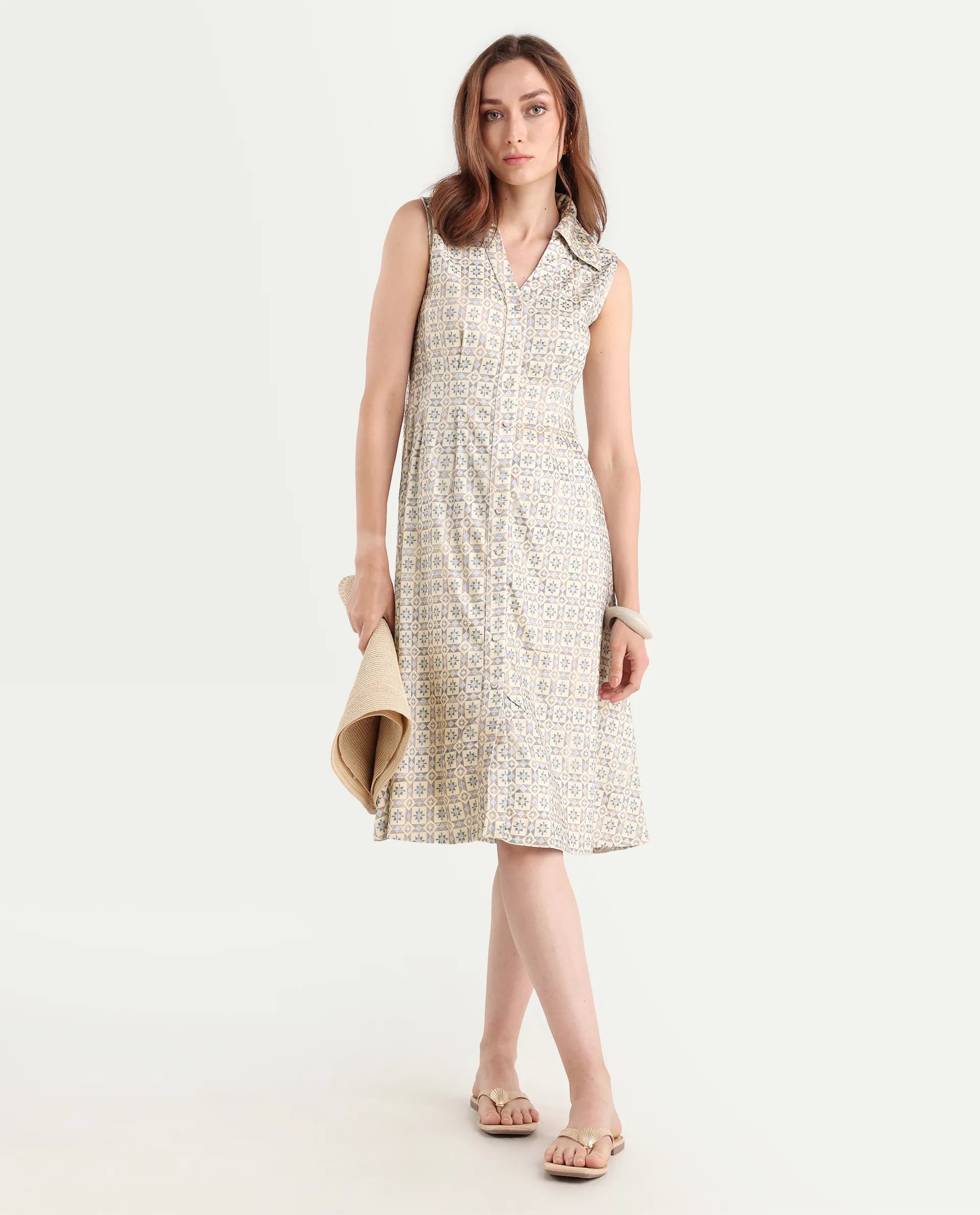 Rareism Women's Bujum Multi Linen Johnny Collar Geometric Print Sleeveless Midi A-Line Dress