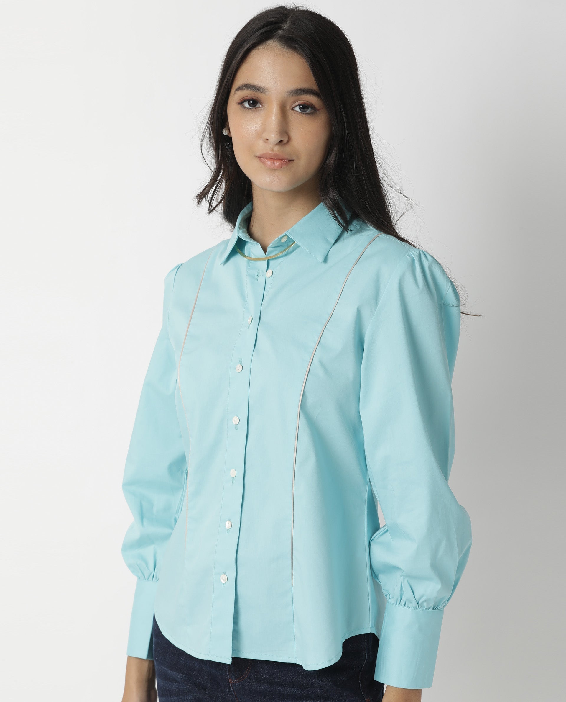 Rareism Women Bumble Blue Cotton Lycra Fabric Regular Fit Shirt Collar Full Sleeves Solid Top