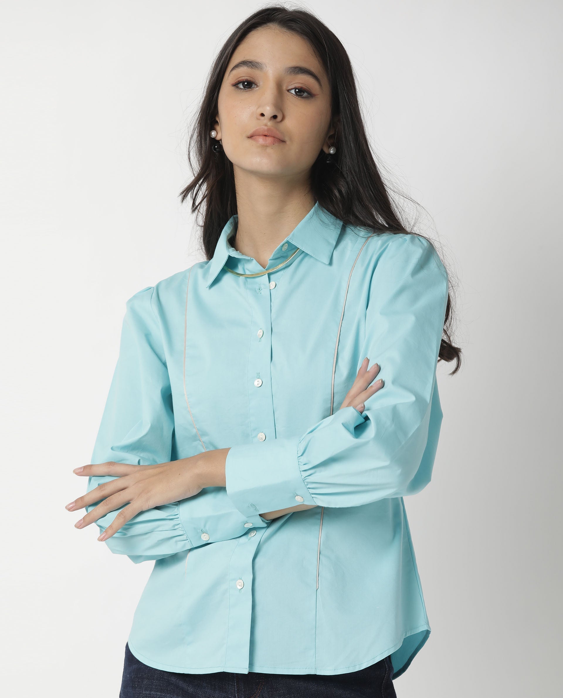 Rareism Women Bumble Blue Cotton Lycra Fabric Regular Fit Shirt Collar Full Sleeves Solid Top