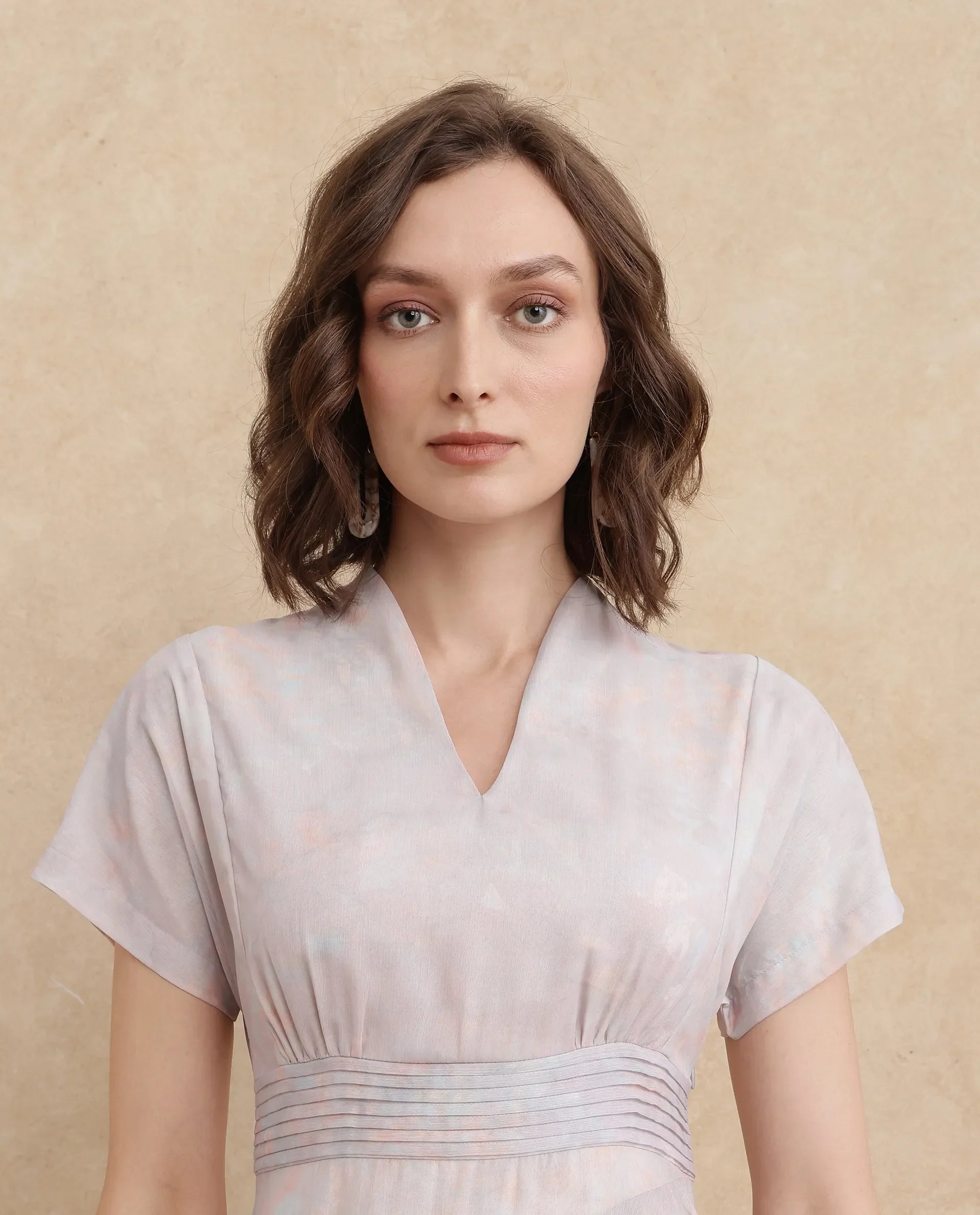 Rareism Women Bunf Beige Sleeveless Built Up Neck Flared Midi Abstract Print Dress