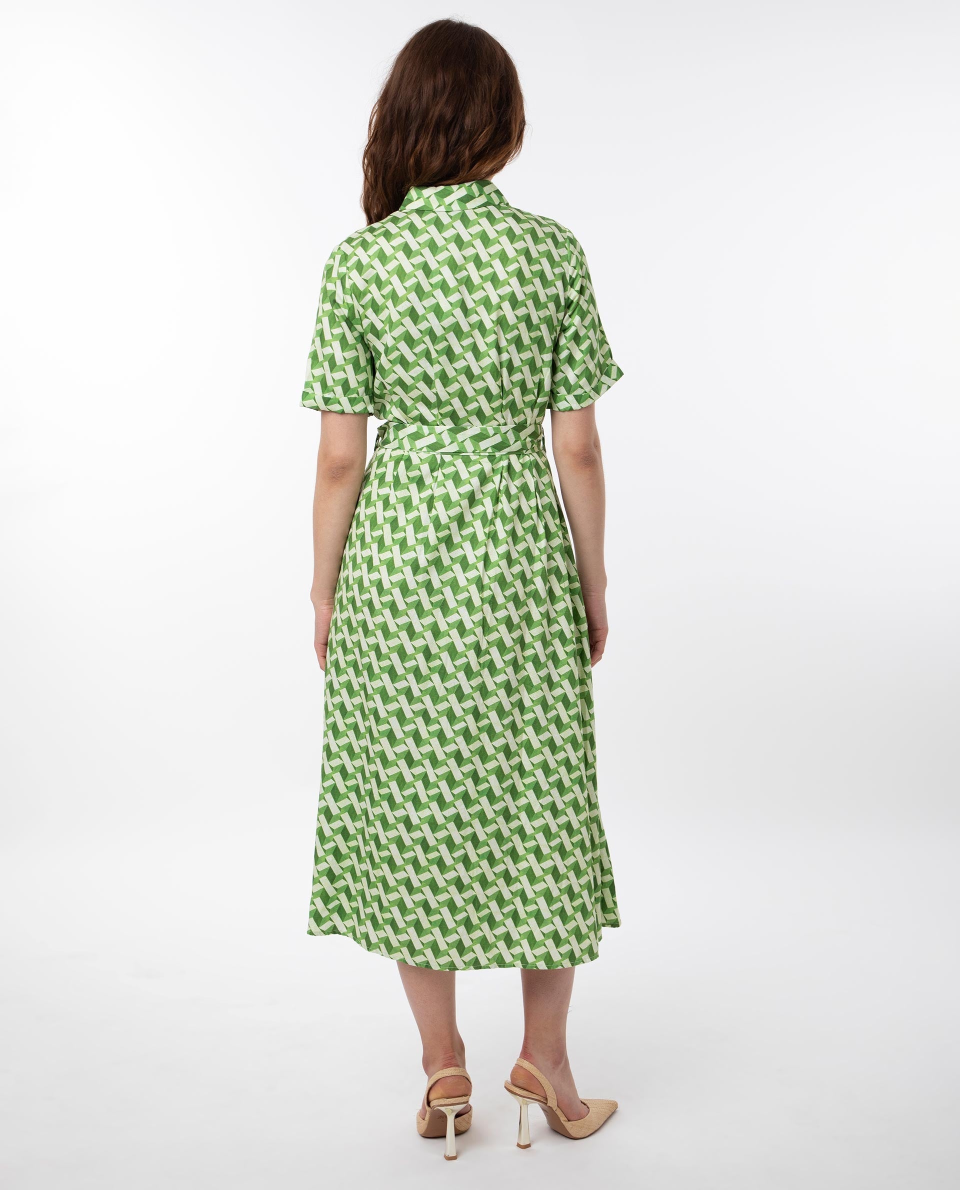 Rareism Women's Bunt Green Cotton Spread Collar Geometric Print Knee Length Regular Fit Dress