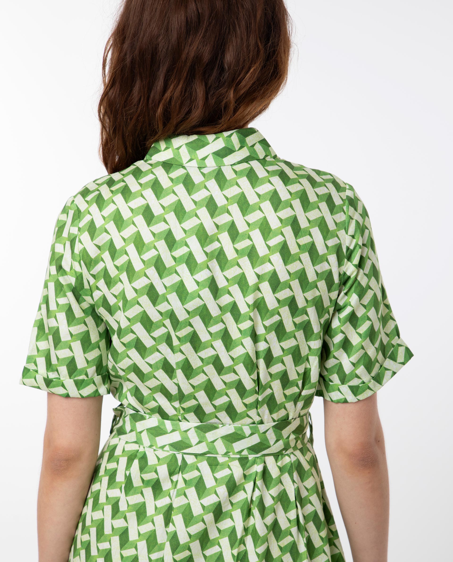 Rareism Women's Bunt Green Cotton Spread Collar Geometric Print Knee Length Regular Fit Dress