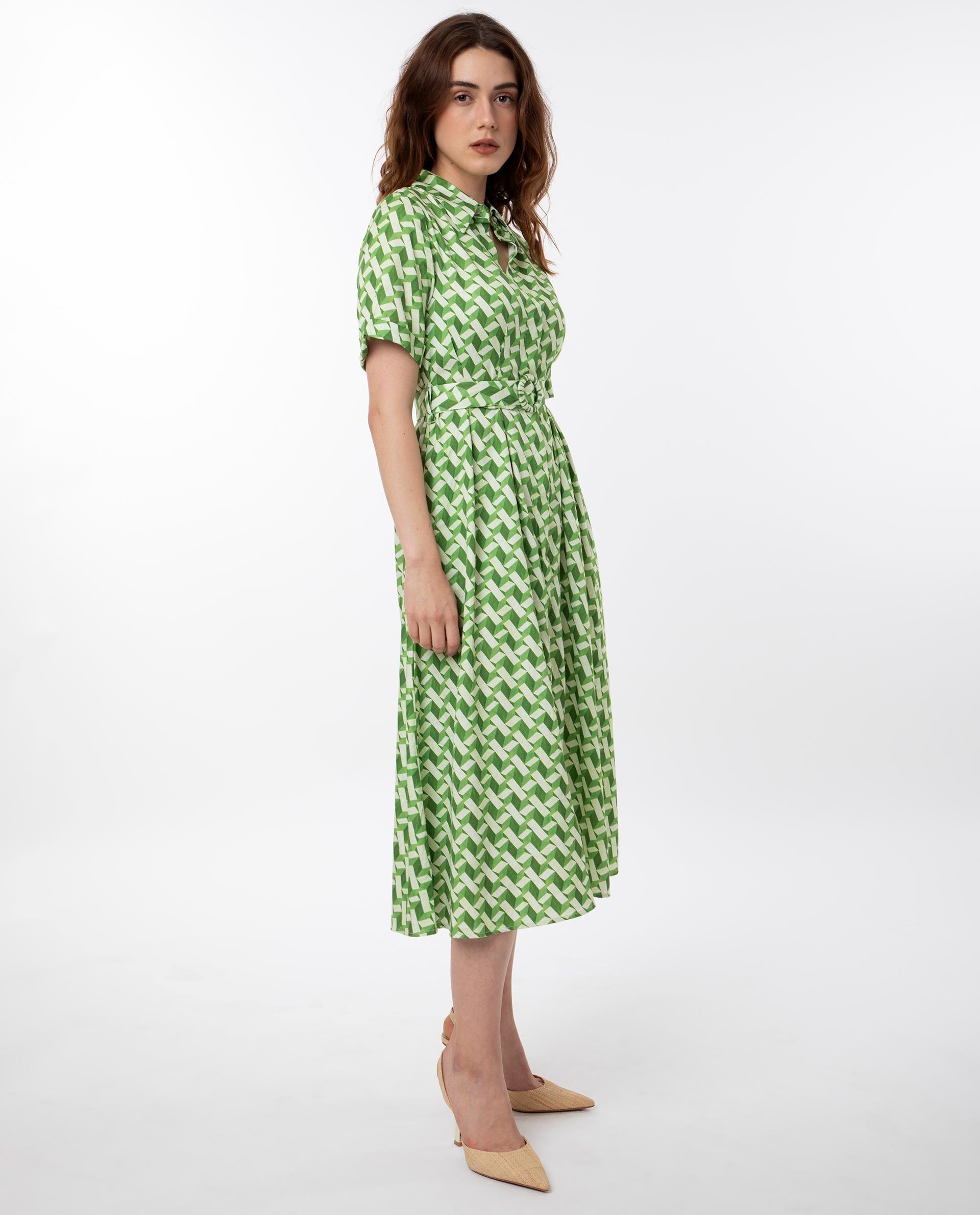 Rareism Women's Bunt Green Cotton Spread Collar Geometric Print Knee Length Regular Fit Dress