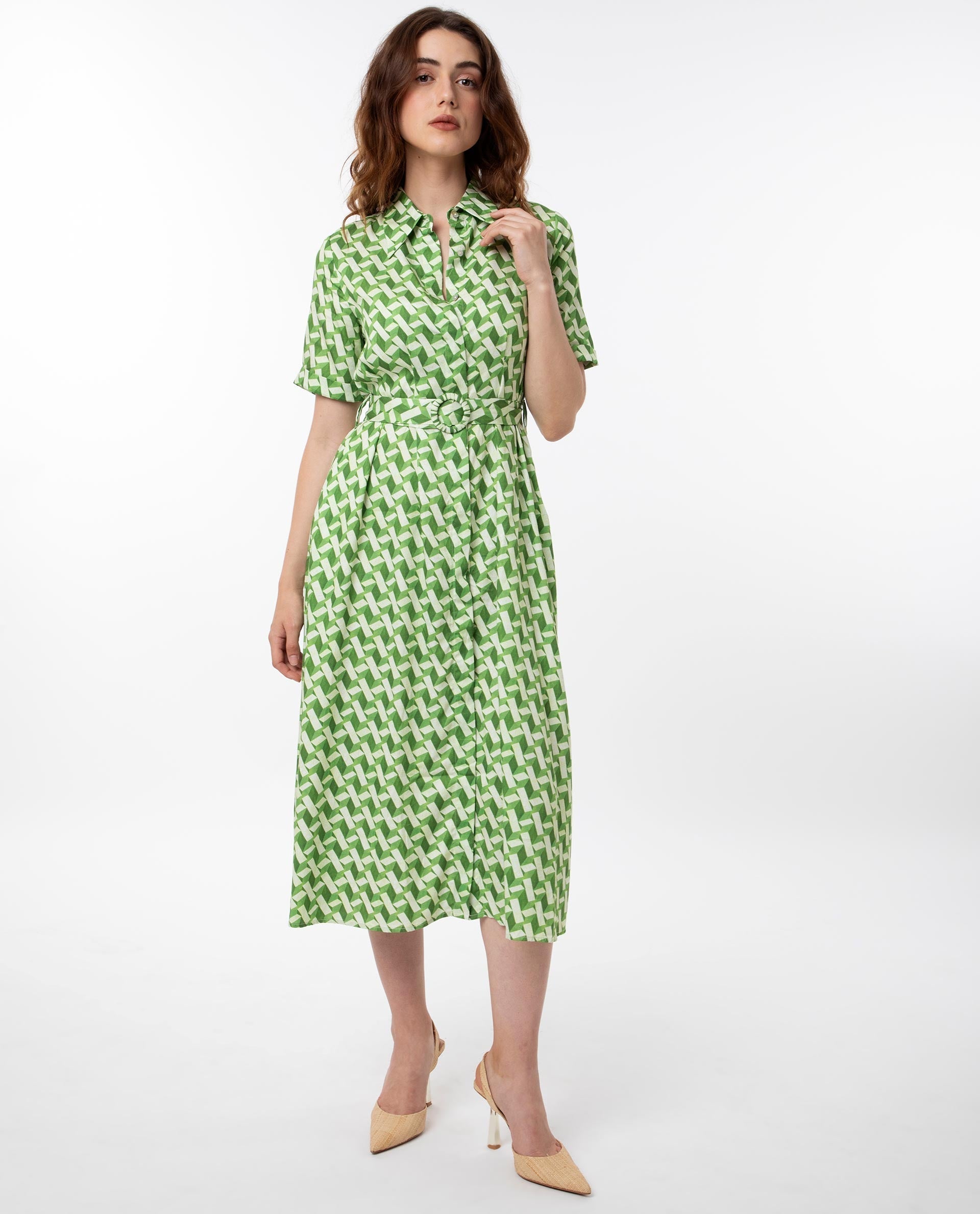 Rareism Women's Bunt Green Cotton Spread Collar Geometric Print Knee Length Regular Fit Dress