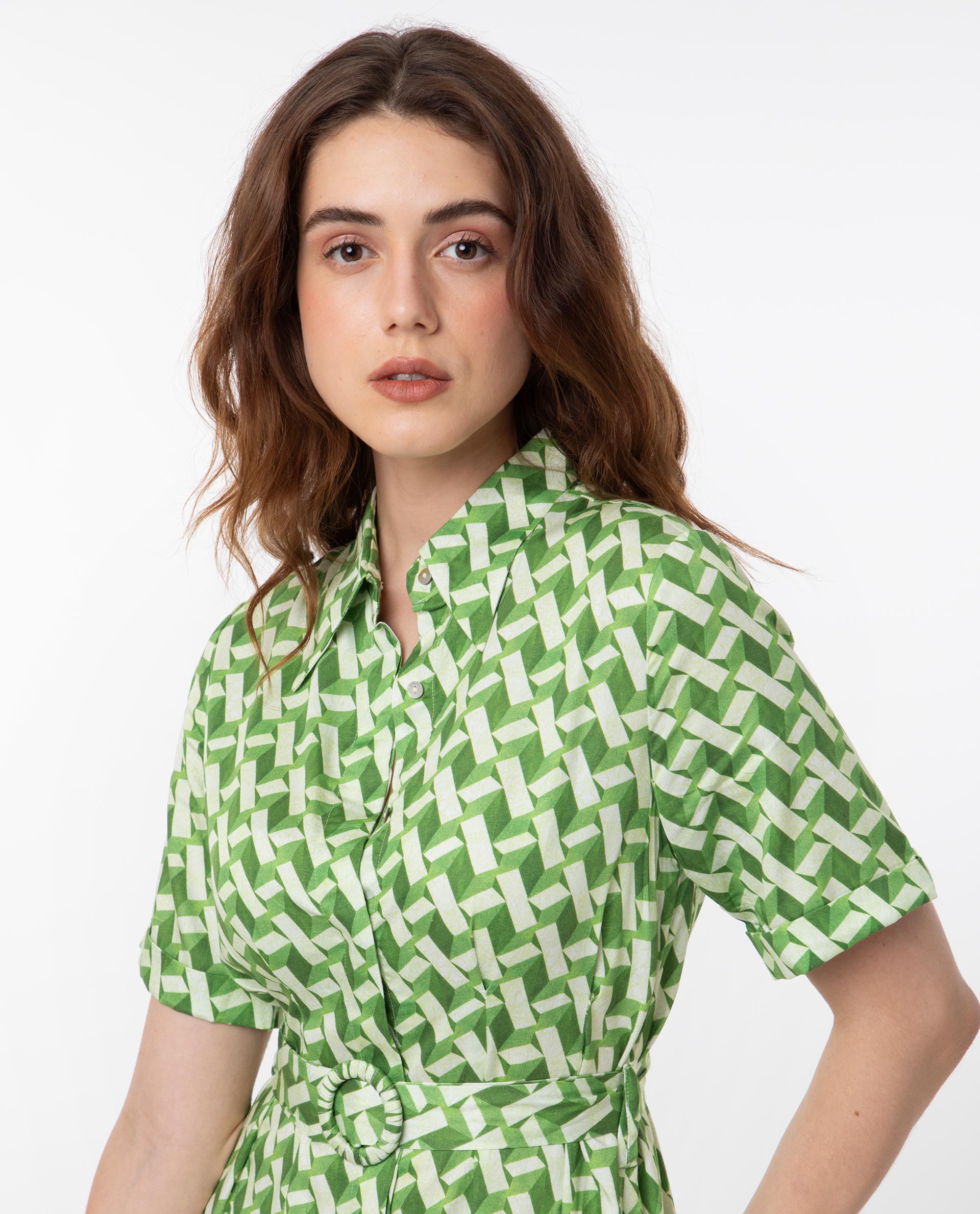 Rareism Women's Bunt Green Cotton Spread Collar Geometric Print Knee Length Regular Fit Dress