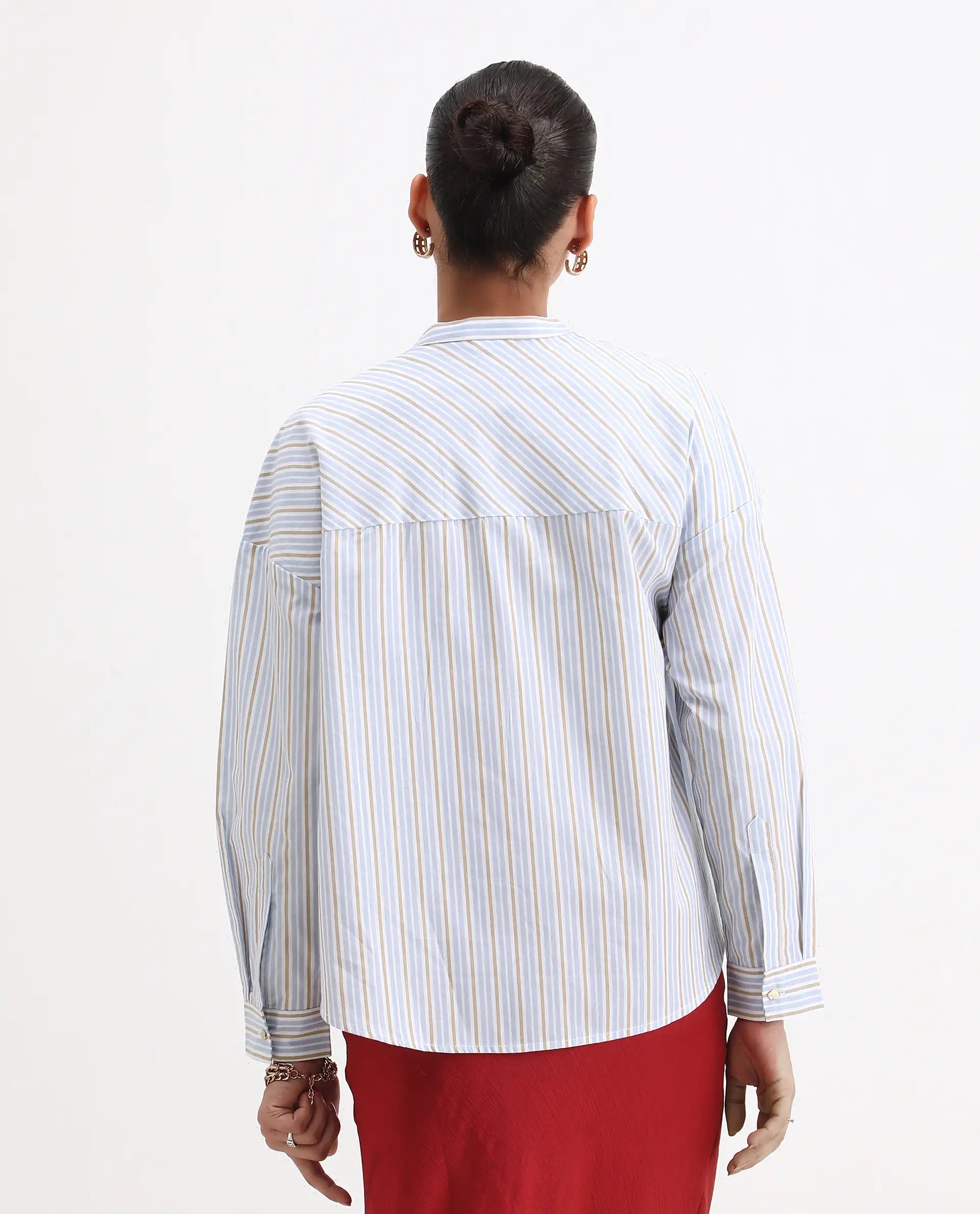 Rareism Women's Buqo Light Blue Cotton Cuffed Sleeve Mandarin Collar Regular Fit Shirt