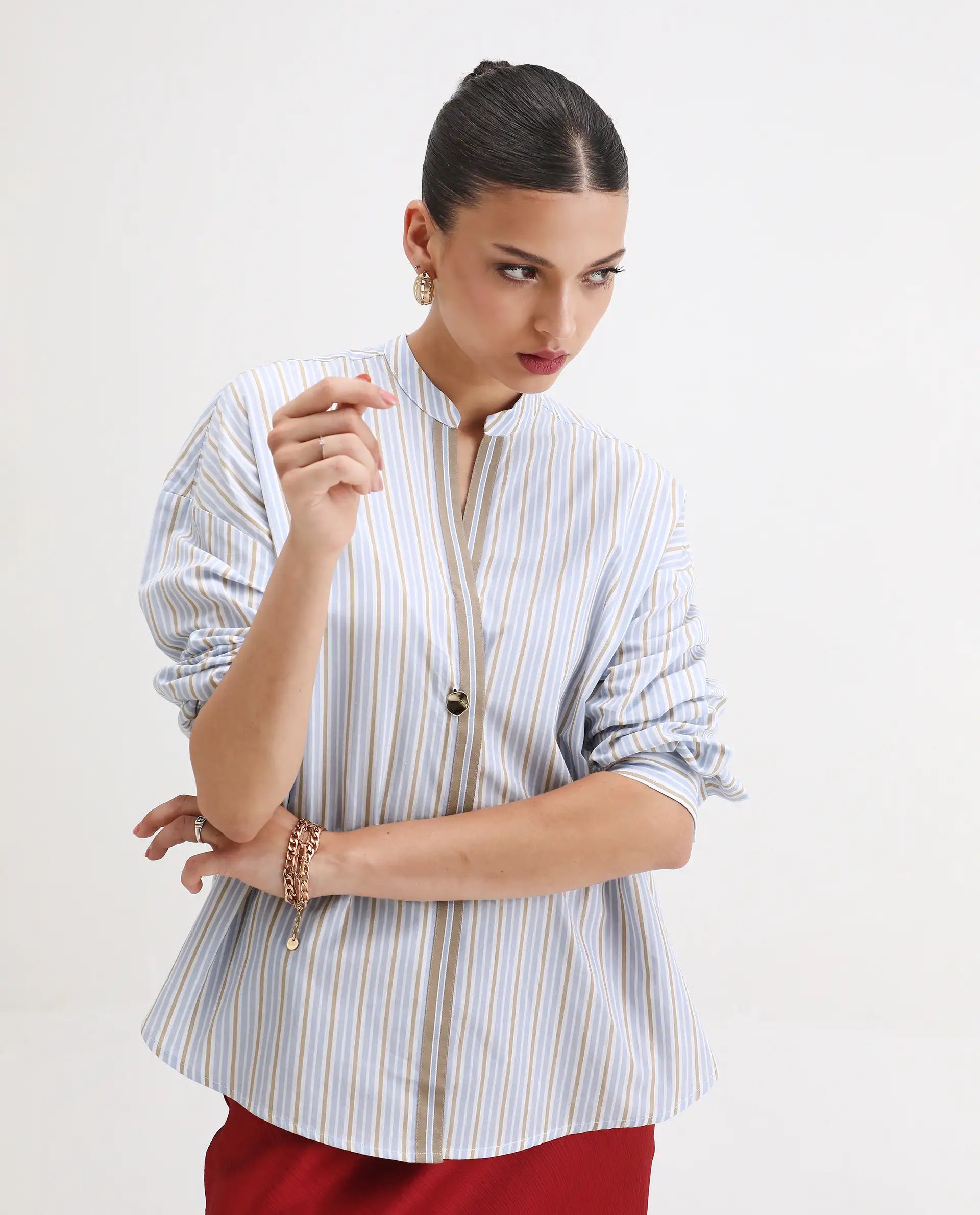 Rareism Women's Buqo Light Blue Cotton Cuffed Sleeve Mandarin Collar Regular Fit Shirt