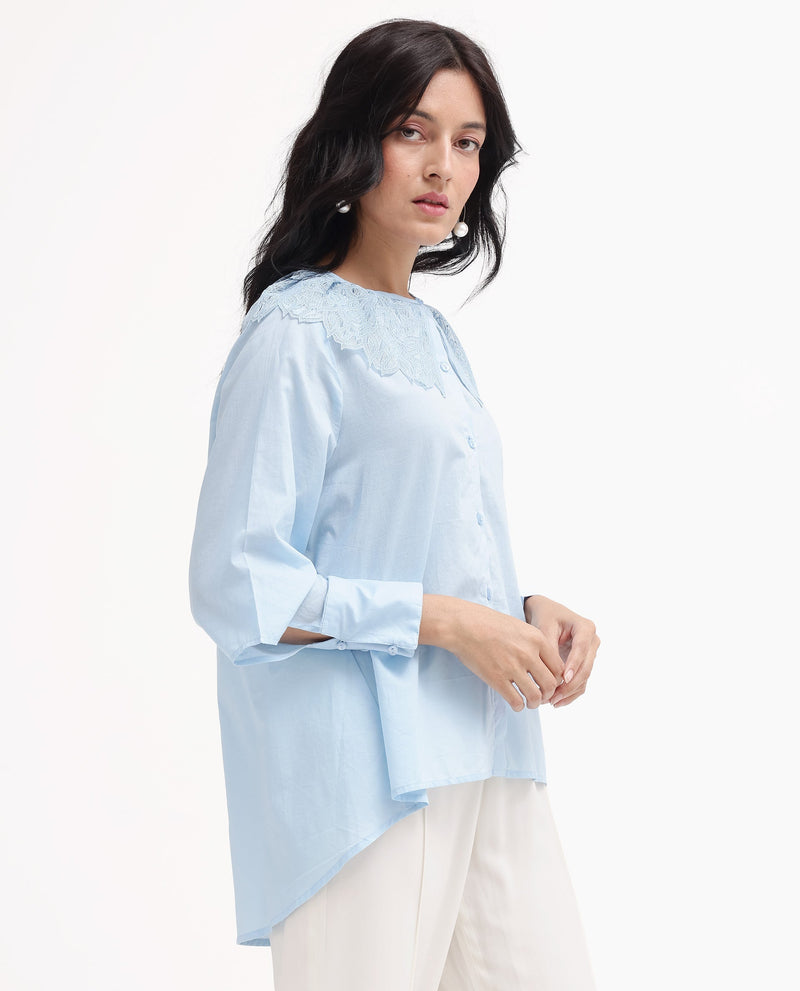 Rareism Women Burrido Light Blue Cotton Fabric Collared Neck Solid Regular Fit Shirt