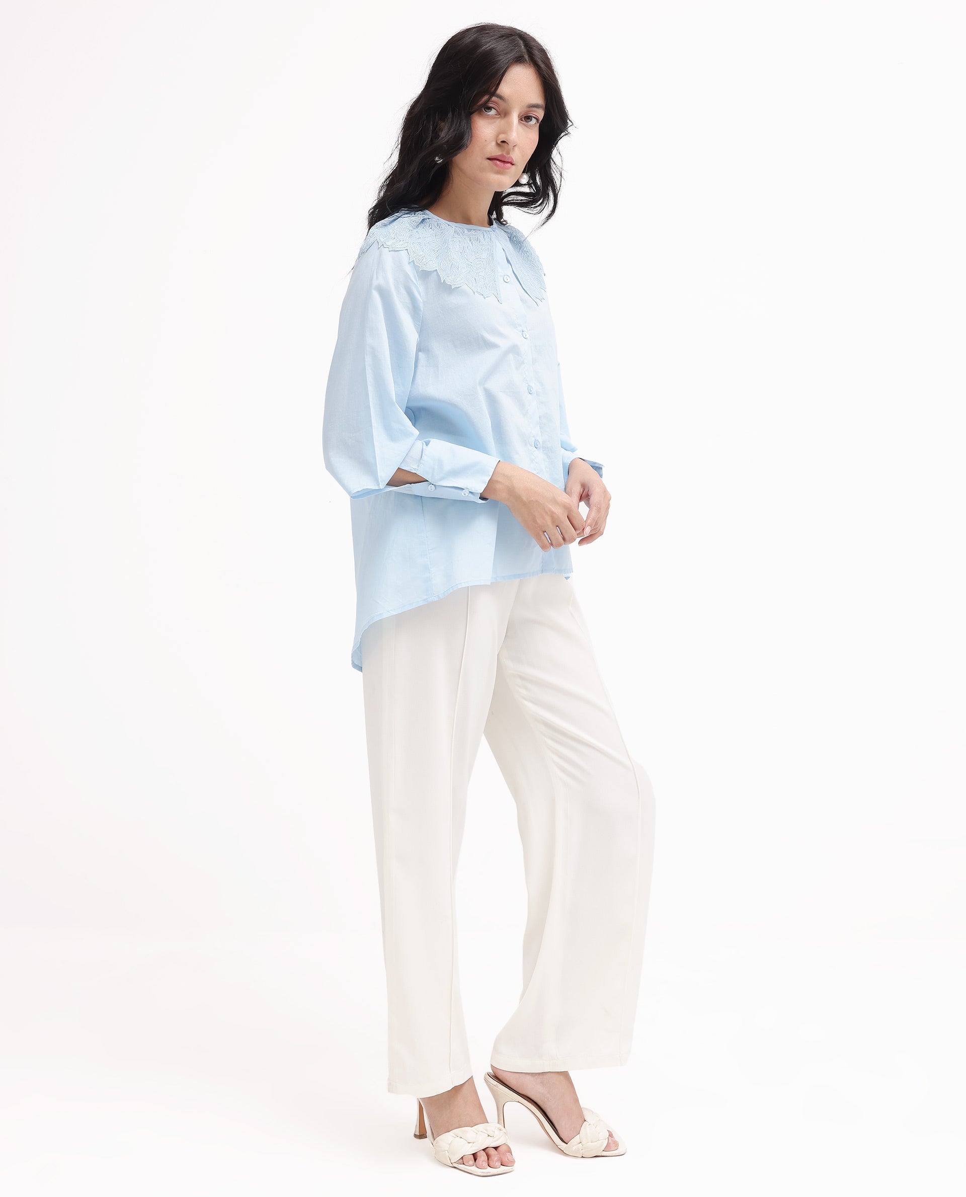 Rareism Women Burrido Light Blue Cotton Fabric Collared Neck Solid Regular Fit Shirt