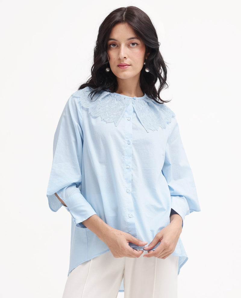 Rareism Women Burrido Light Blue Cotton Fabric Collared Neck Solid Regular Fit Shirt