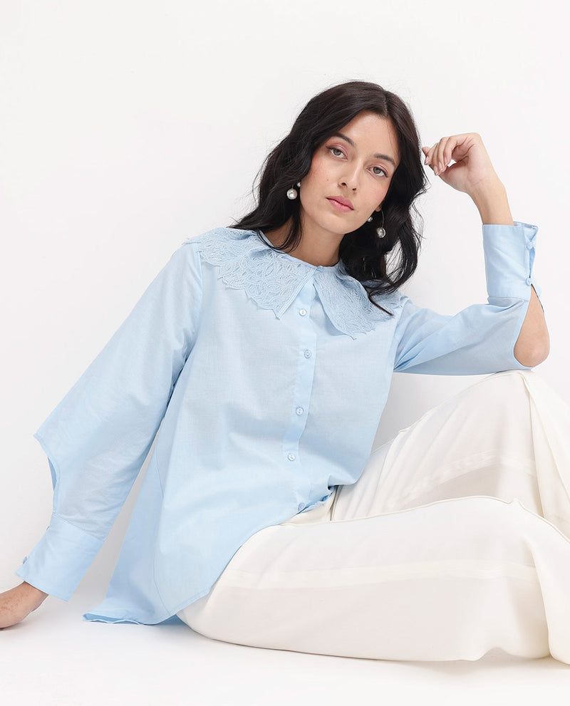 Rareism Women Burrido Light Blue Cotton Fabric Collared Neck Solid Regular Fit Shirt