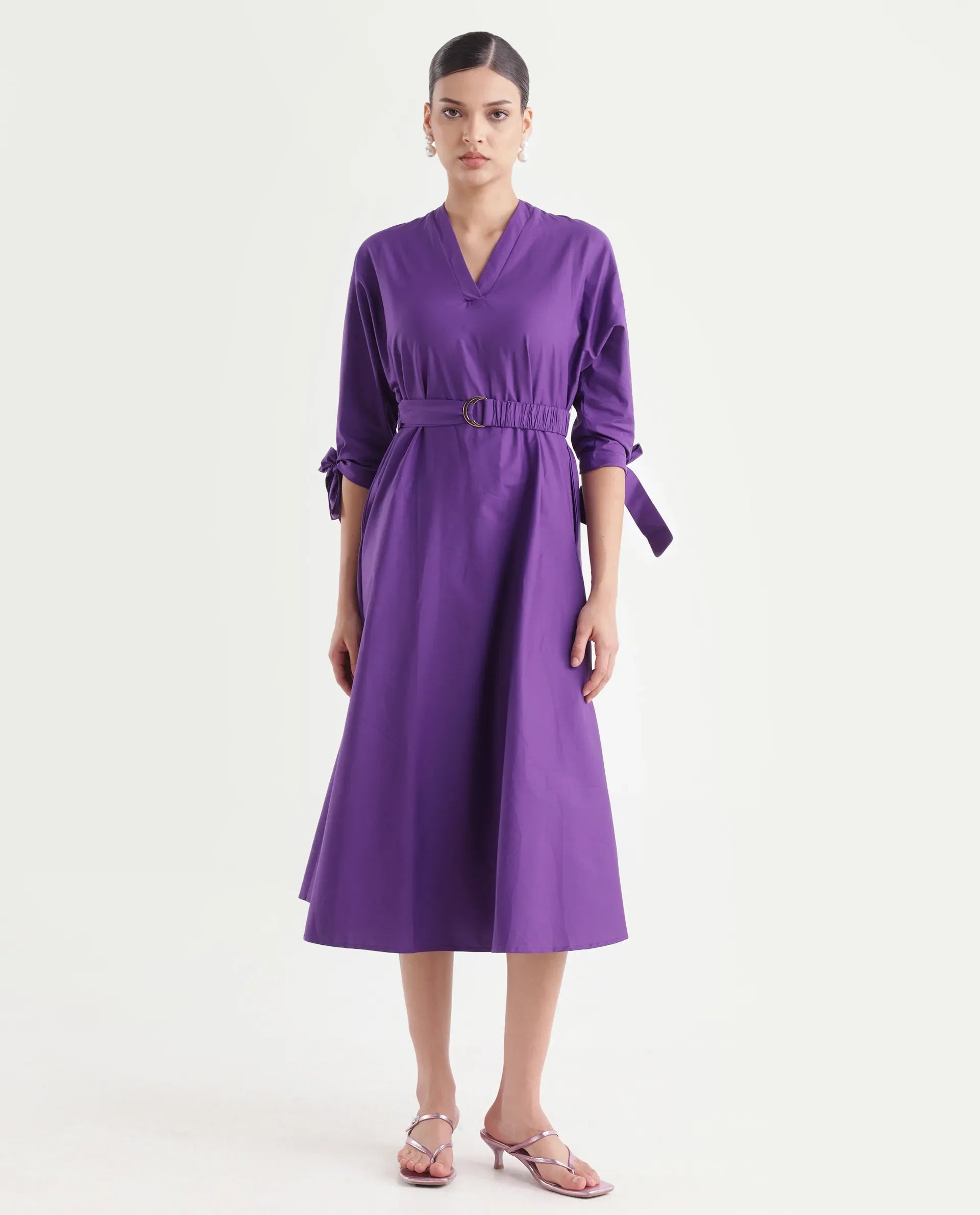 Rareism Women's Buyn Purple Cotton Blend V-Neck Plain Tie Up Sleeve Midi Flared Dress