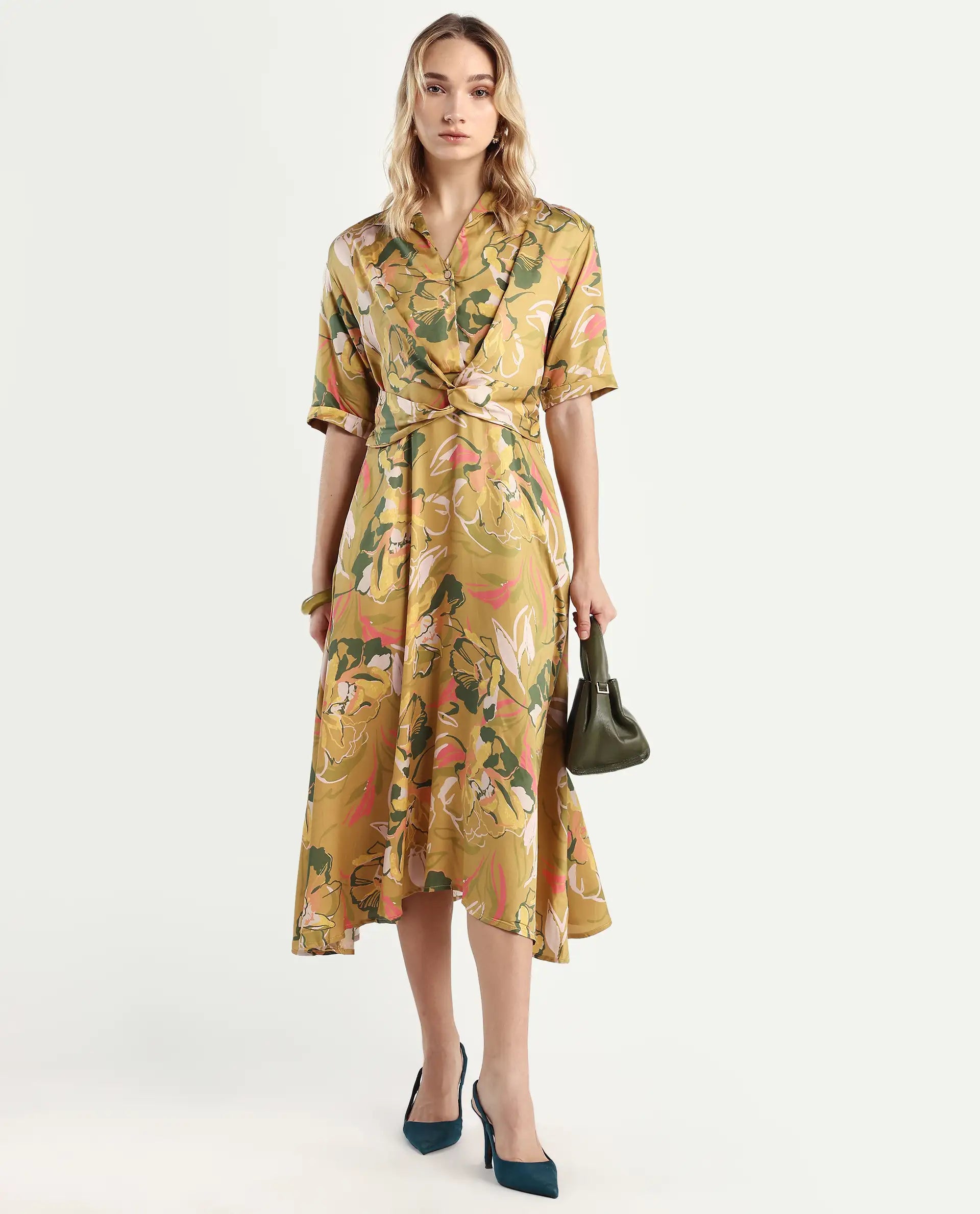Rareism Women's Buzhip Multi Cotton Blend Drop Collar Floral Print Midi Fit And Flare Dress